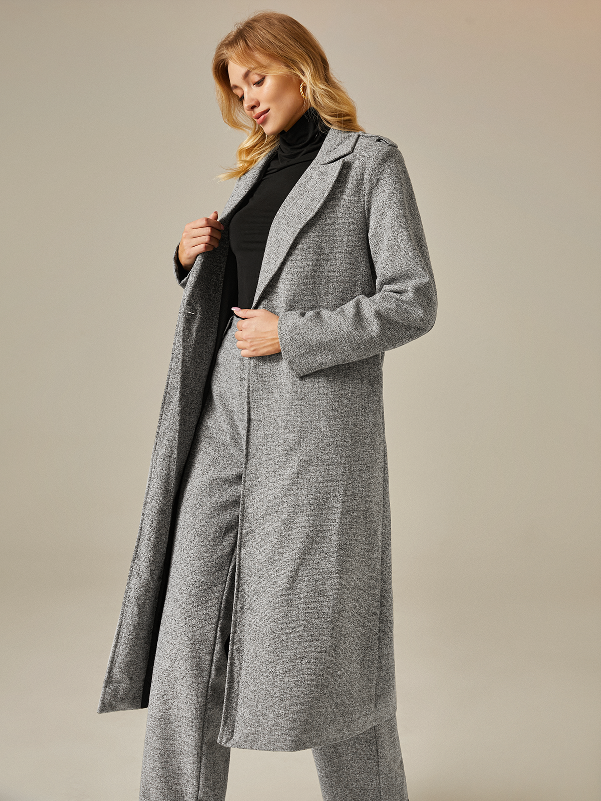 Urban Lapel Collar Long Sleeve Plain Coat With Belt