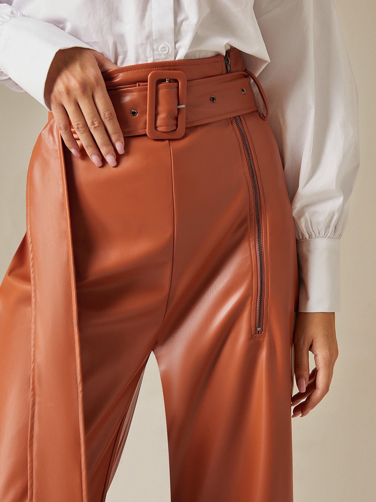 Urban High Waist Plain Leather Pants With Belt