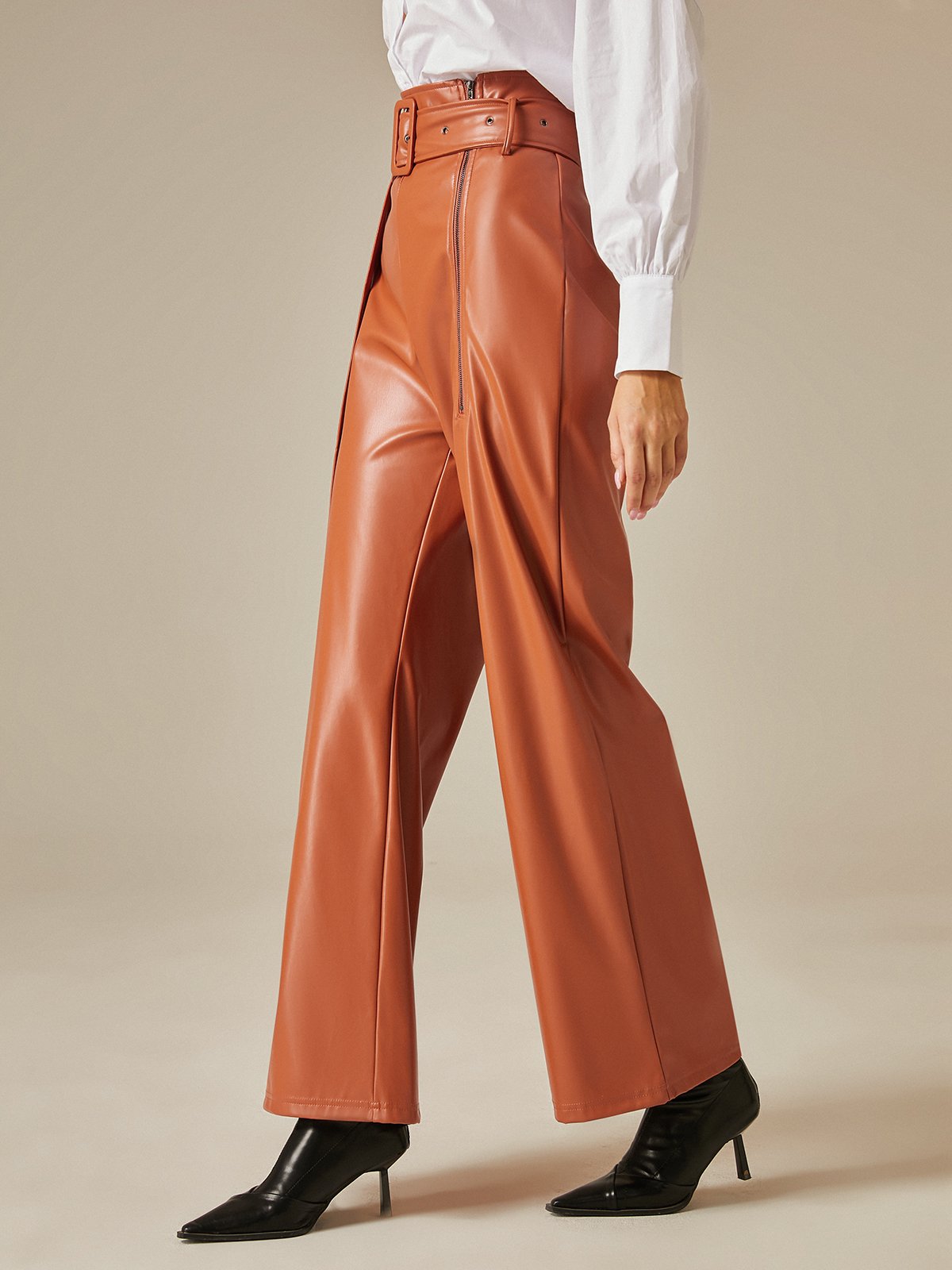 Urban High Waist Plain Leather Pants With Belt