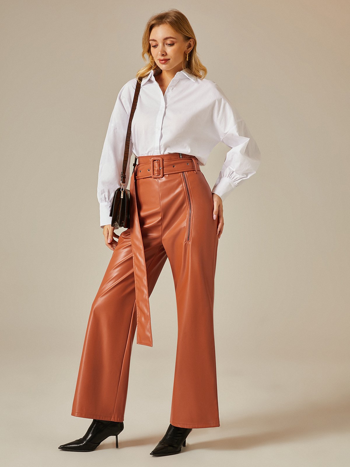 Urban High Waist Plain Leather Pants With Belt