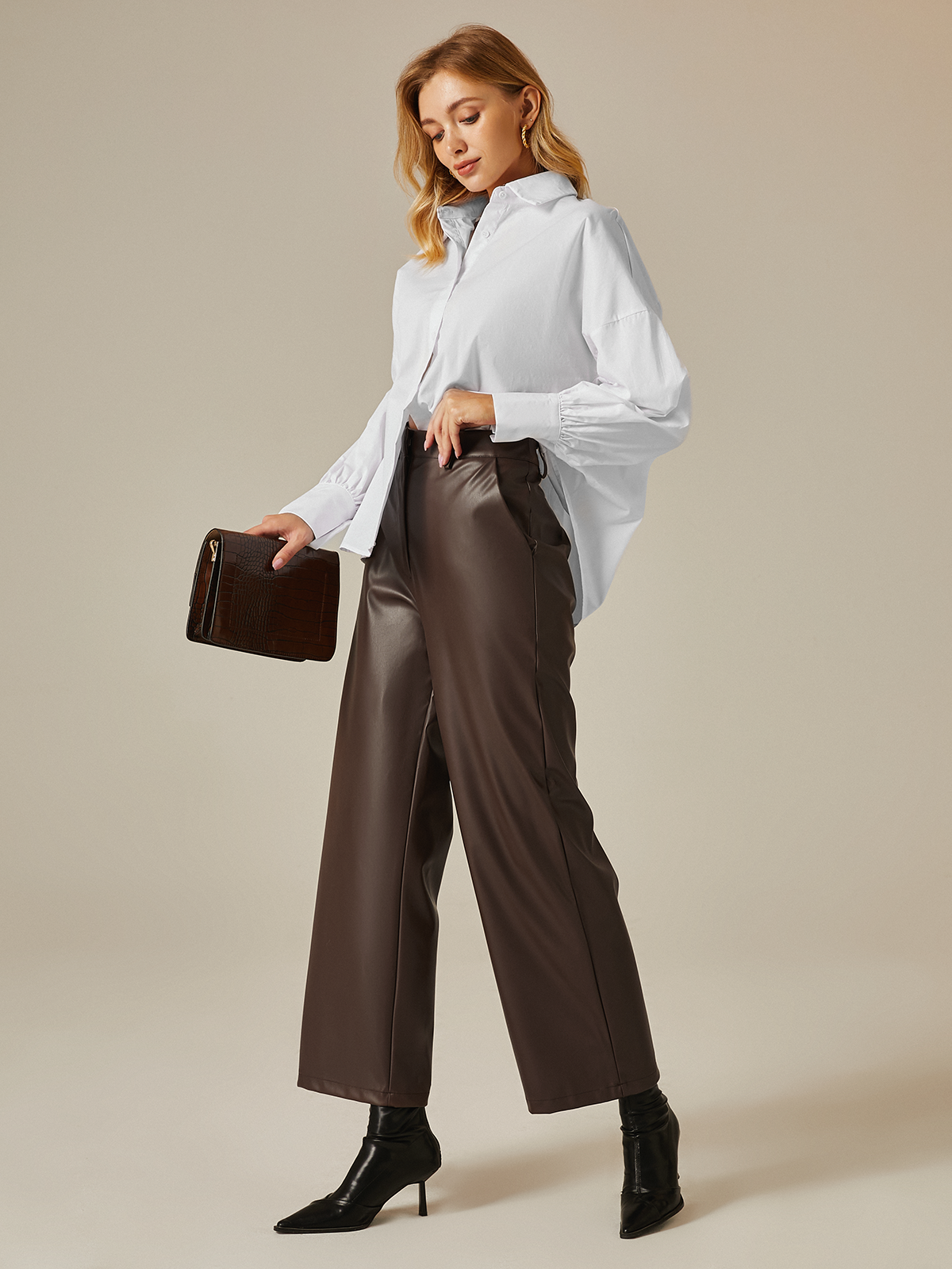 Urban Plain Regular Fit  Pockets Pu Leather Pants