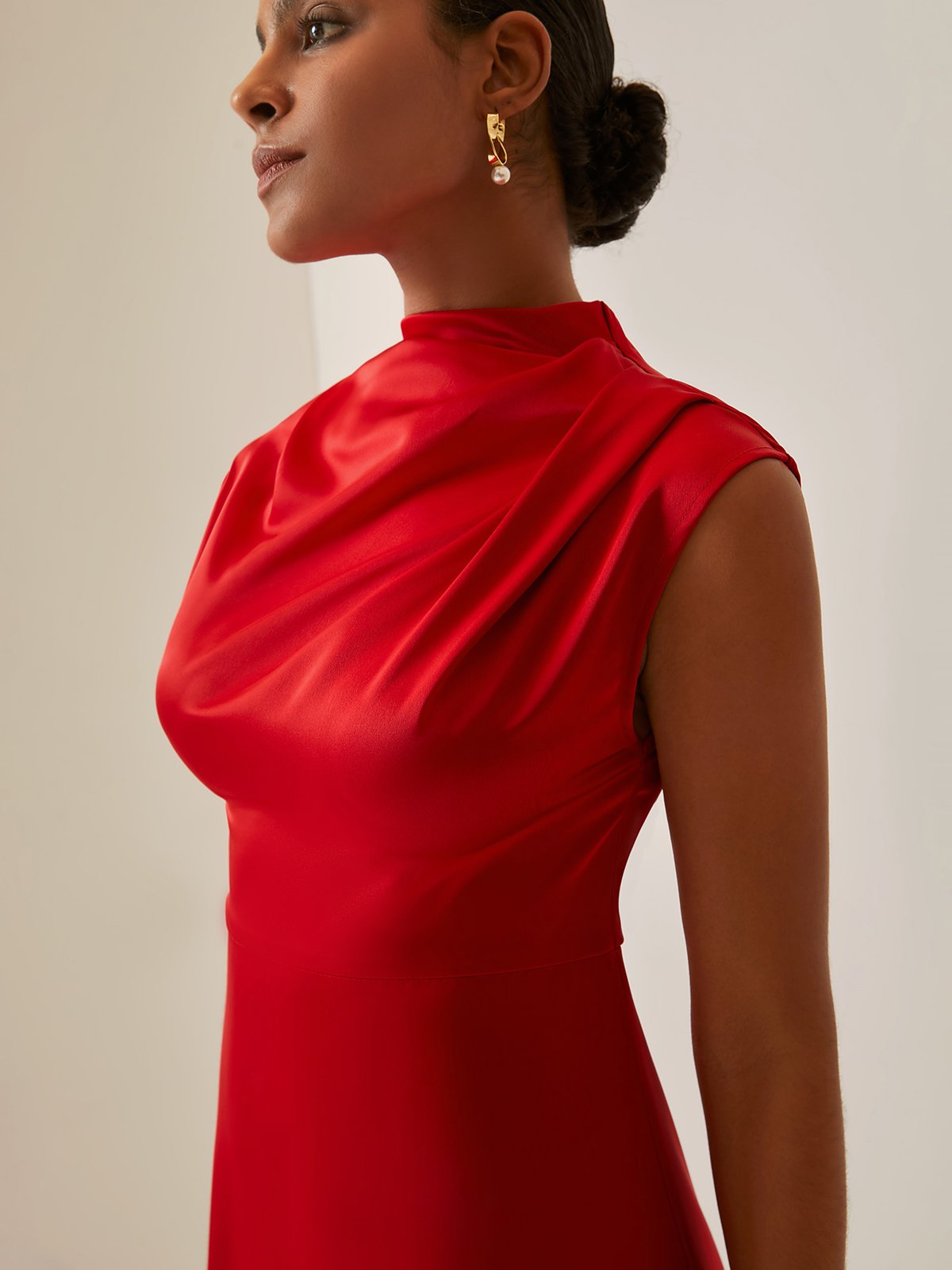 Half Turtleneck Silk Satin Simple Plain Dress