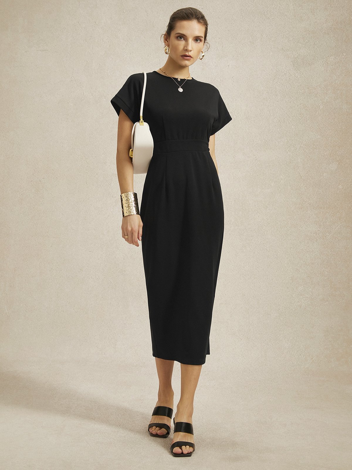 Urban Crew Neck Tight Midi Dress With No Belt