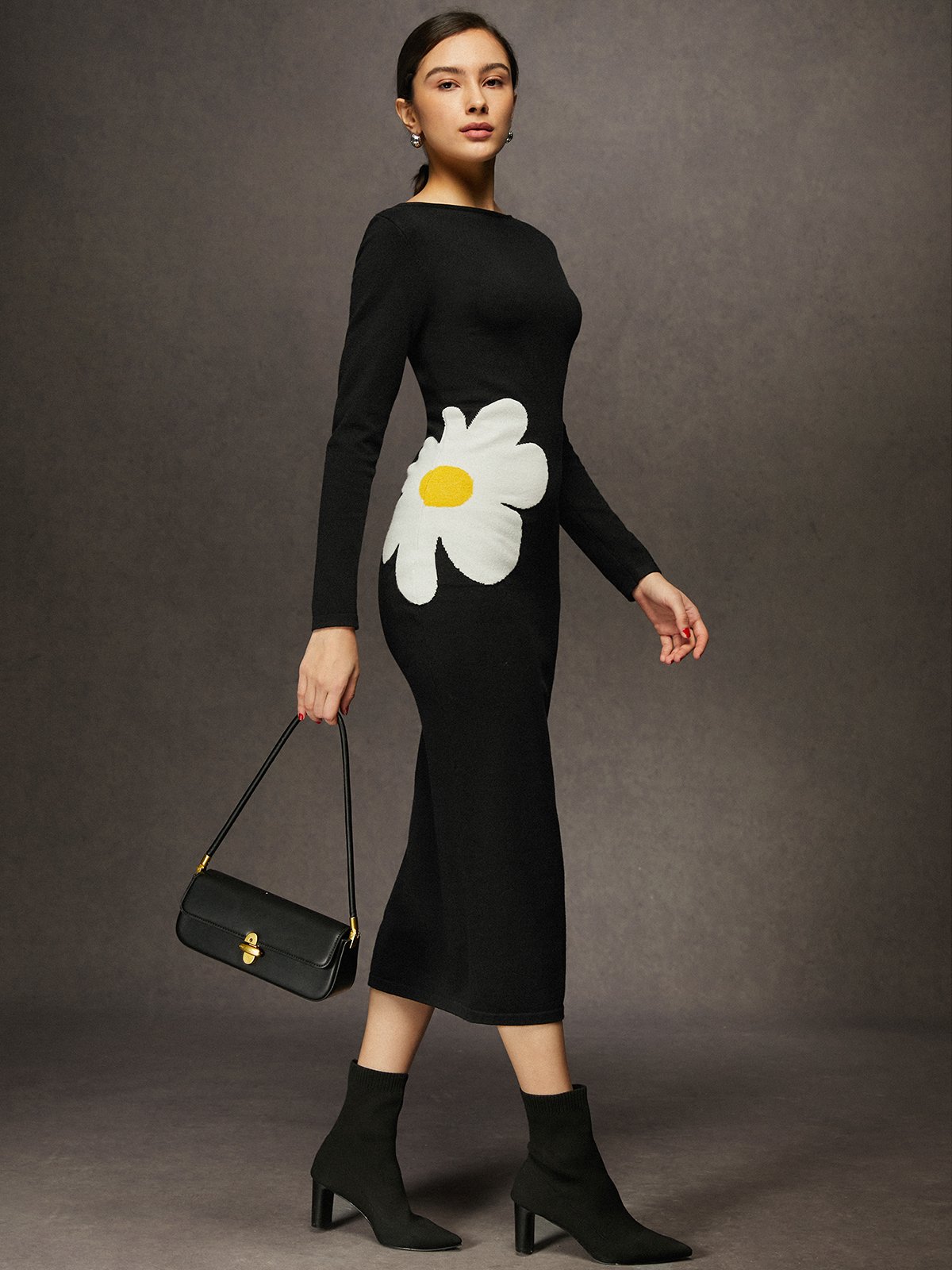 Elegant Off The Shoulder Floral Long Sleeve Midi Dress