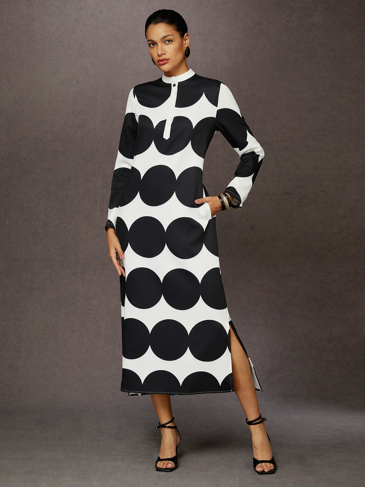 Loose Stand Collar Long Sleeve Urban Maxi Dress