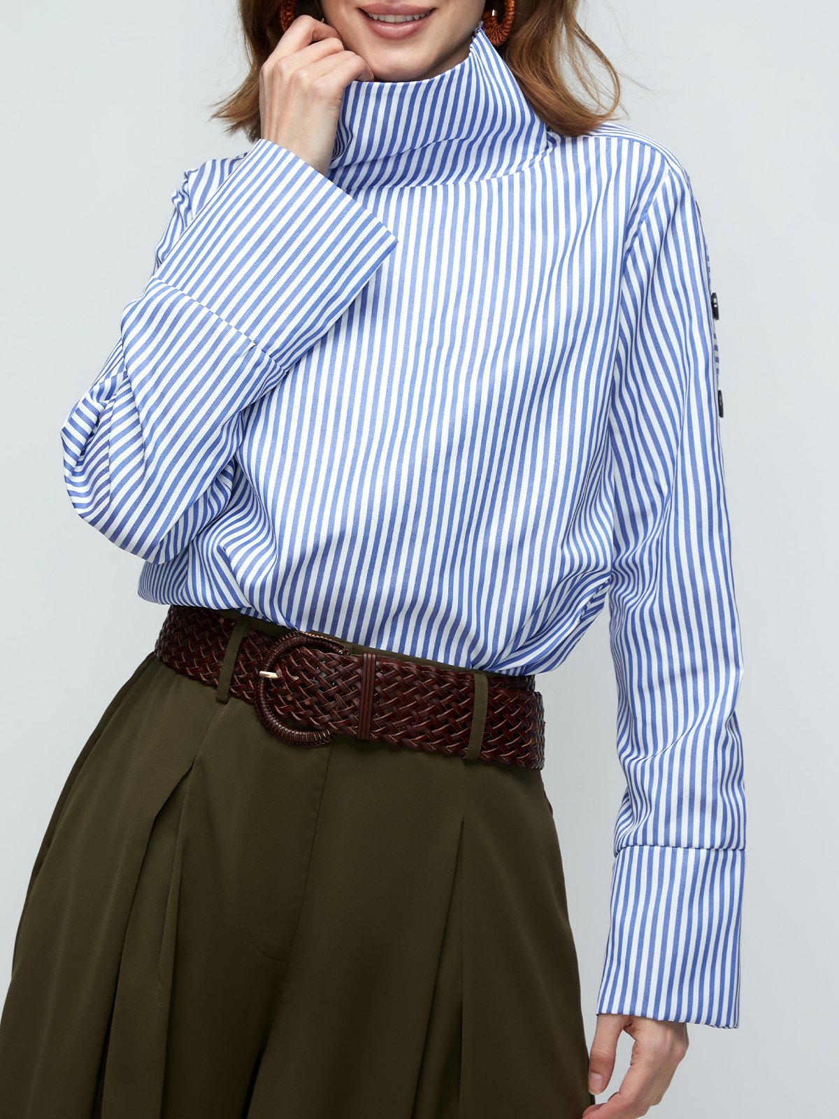 Casual High Neck Striped Long Sleeve Top