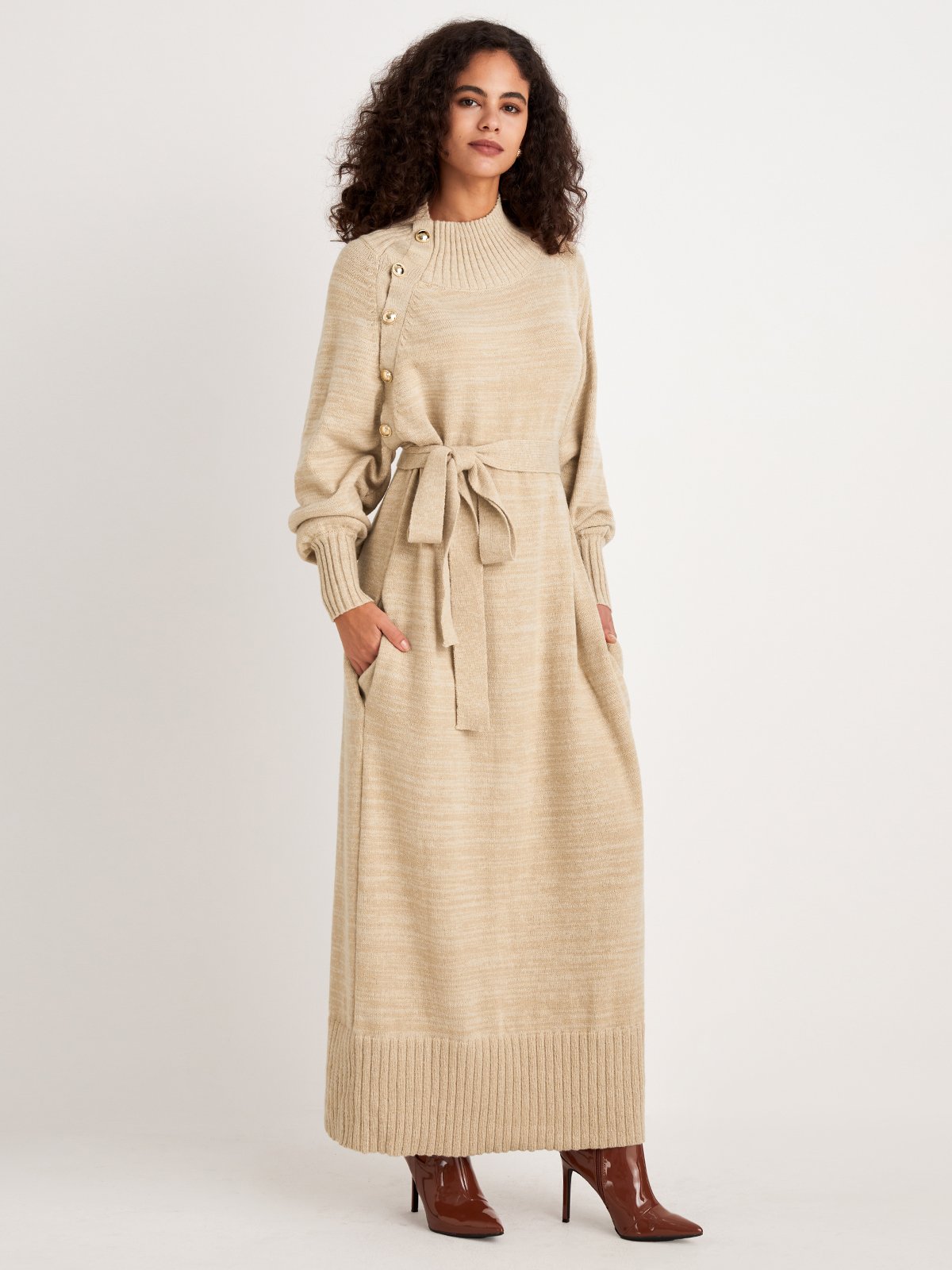 Long sleeve Loose Elegant Plain Midi Dress