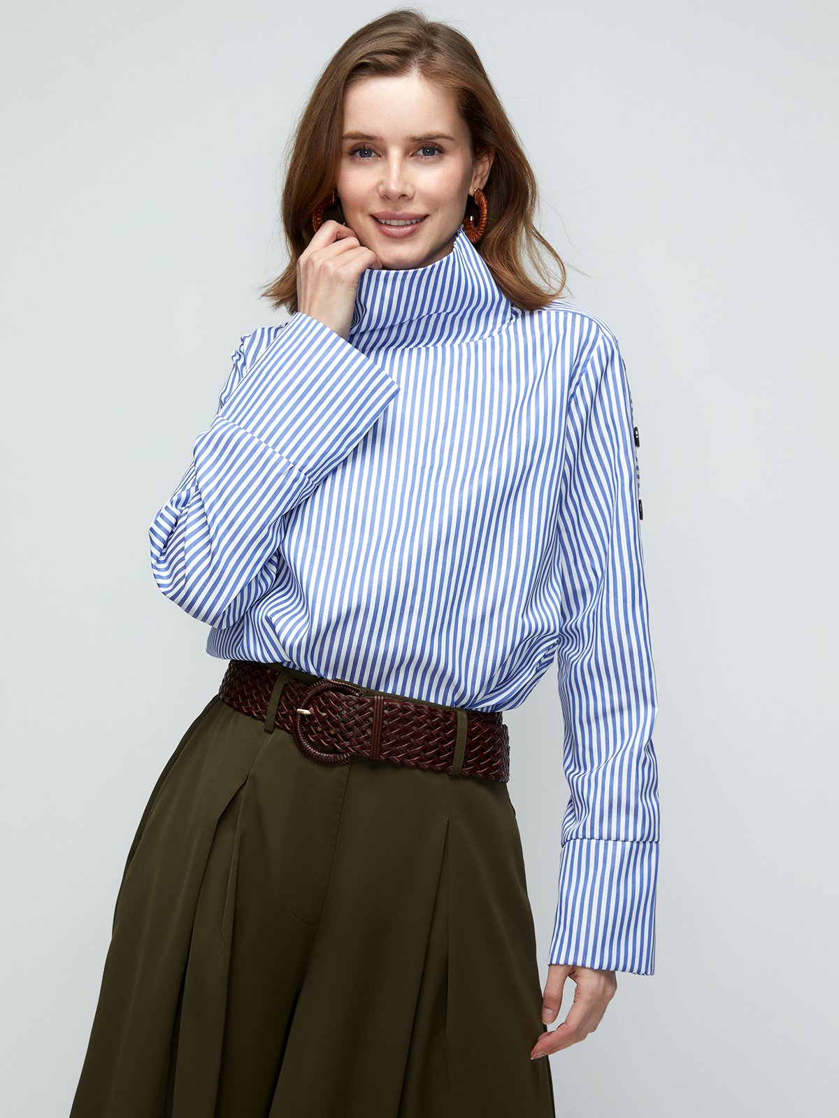 Casual High Neck Striped Long Sleeve Top