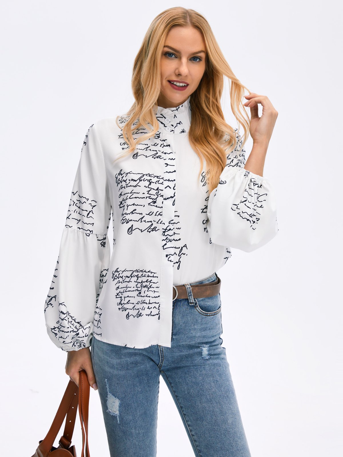 Stand Collar Vintage Letter Top