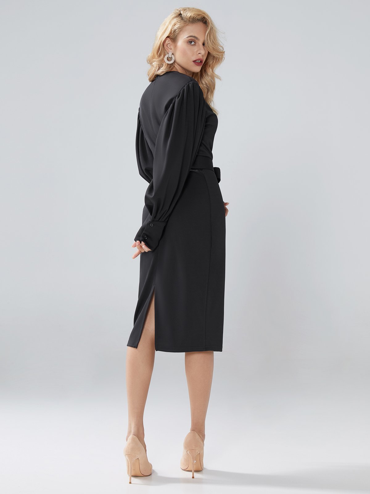 Elegant Plain Lantern Sleeve Crew Neck Dress