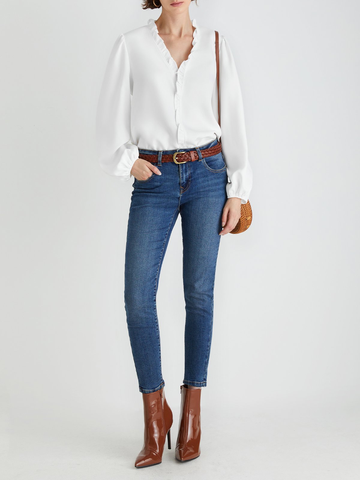 Casual Ruffled V neck Long Sleeve Top