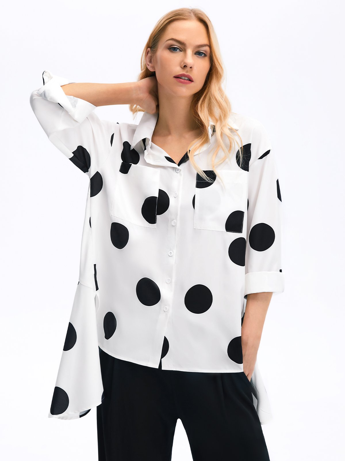 Shirt Collar Polka Dots Shift Elegant Top