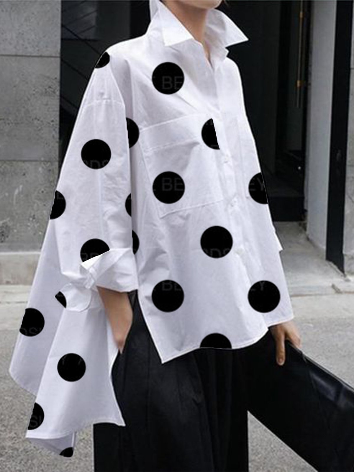 Shirt Collar Polka Dots Shift Elegant Top