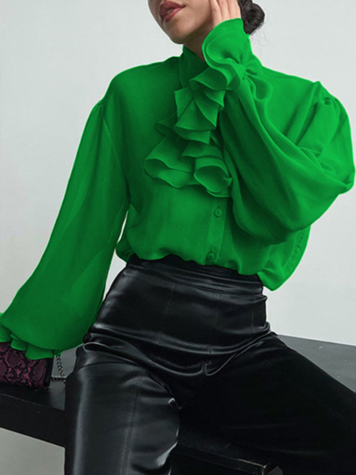Shirt Collar Elegant  Flouncing  Top