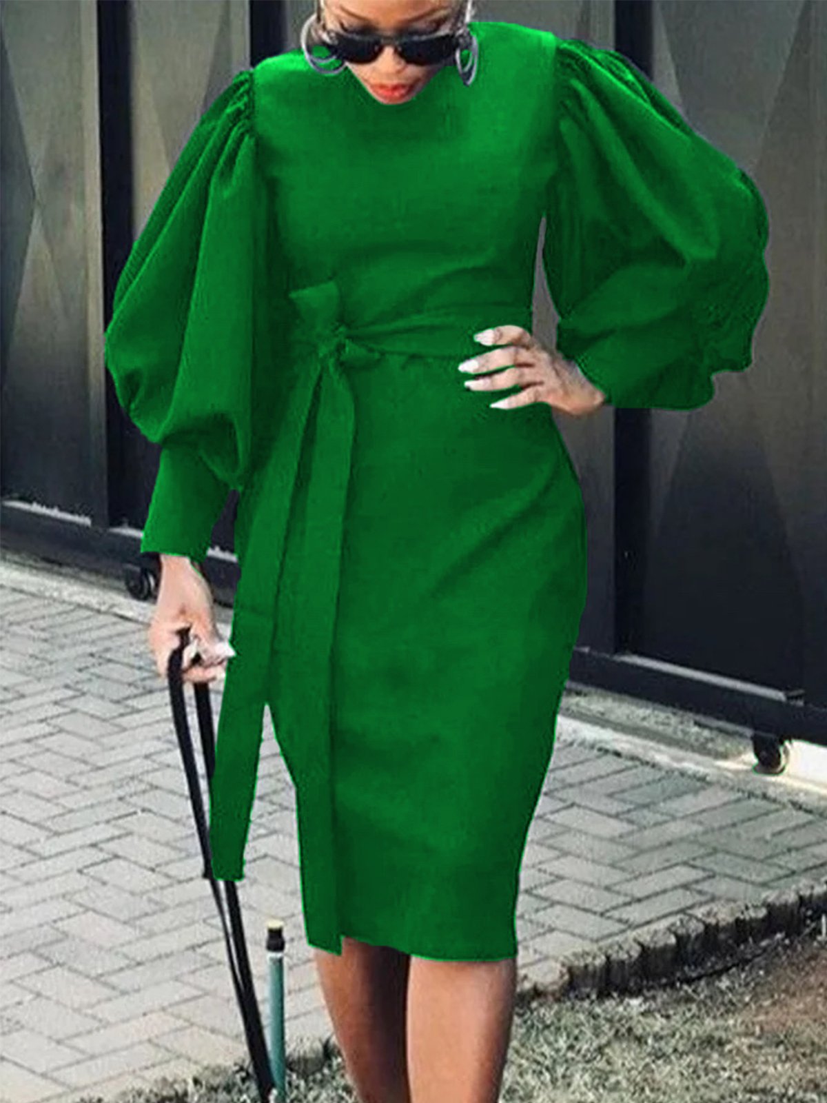Elegant Plain Lantern Sleeve Crew Neck Dress