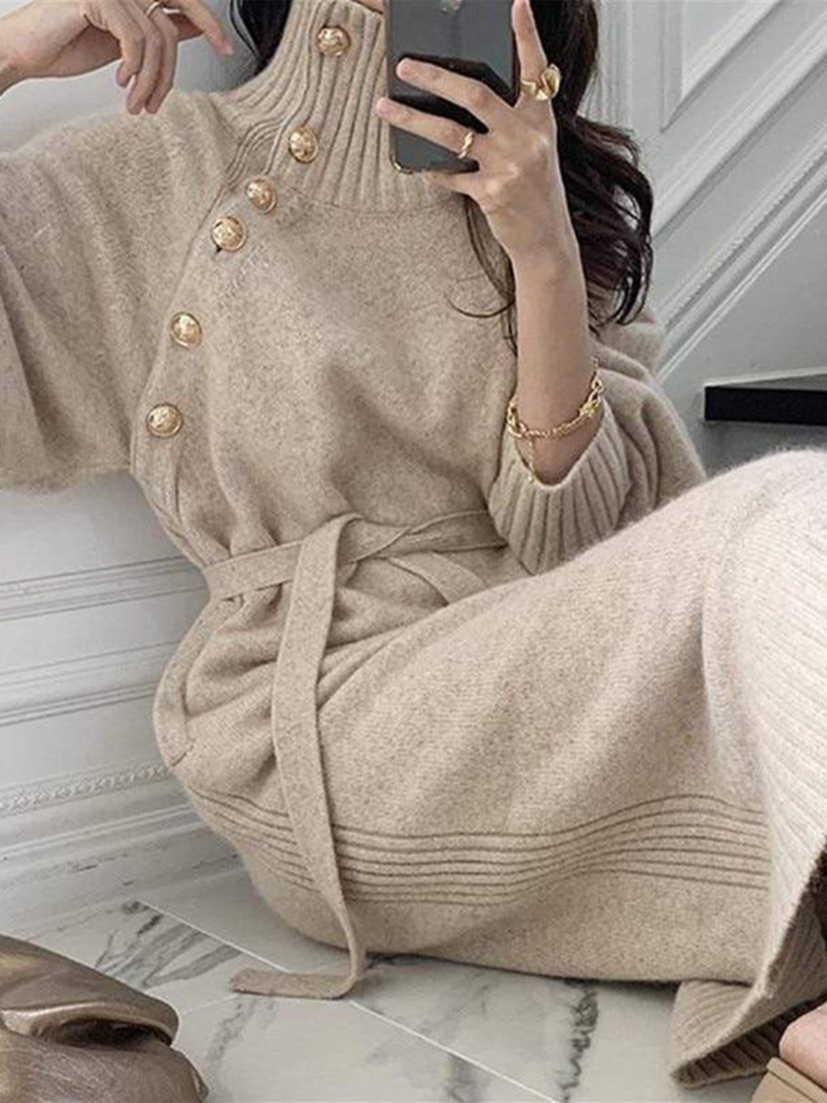 Long sleeve Loose Elegant Plain Midi Dress