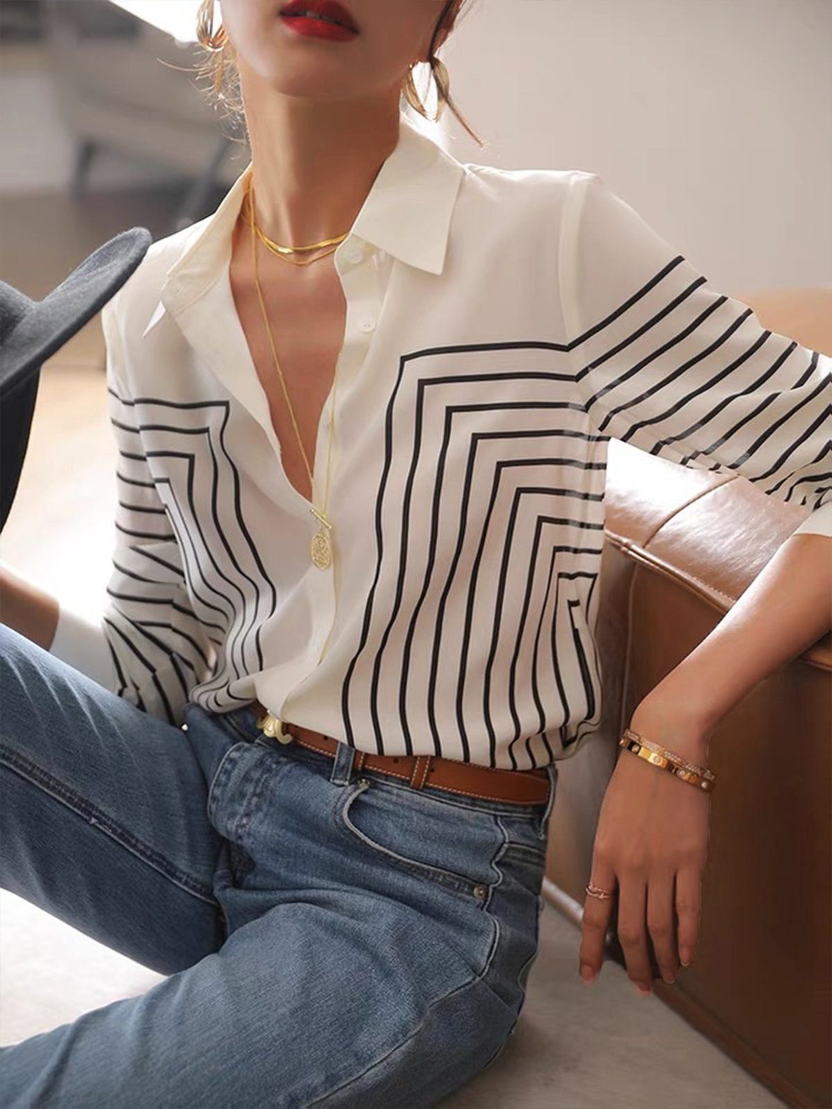 Striped Shirt Collar Urban Blouse