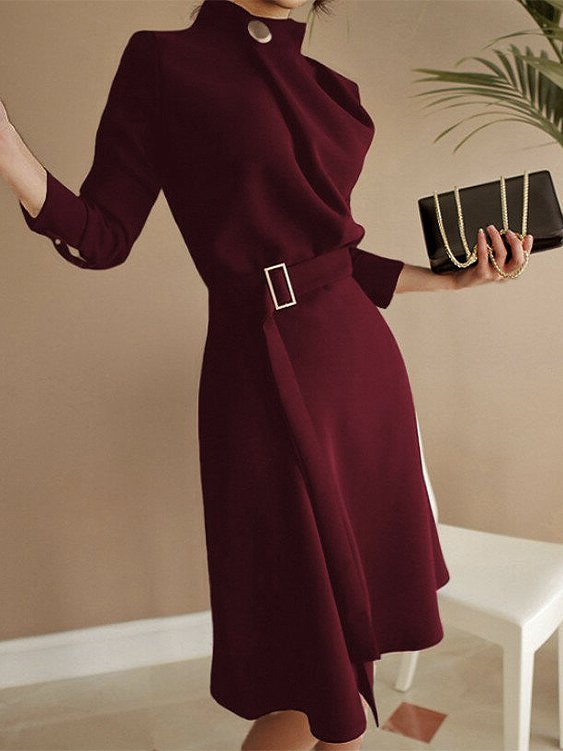 Regular Fit Plain Elegant Dress With Belt