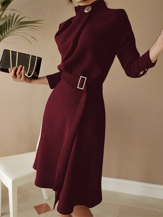 Regular Fit Plain Elegant Dress With Belt