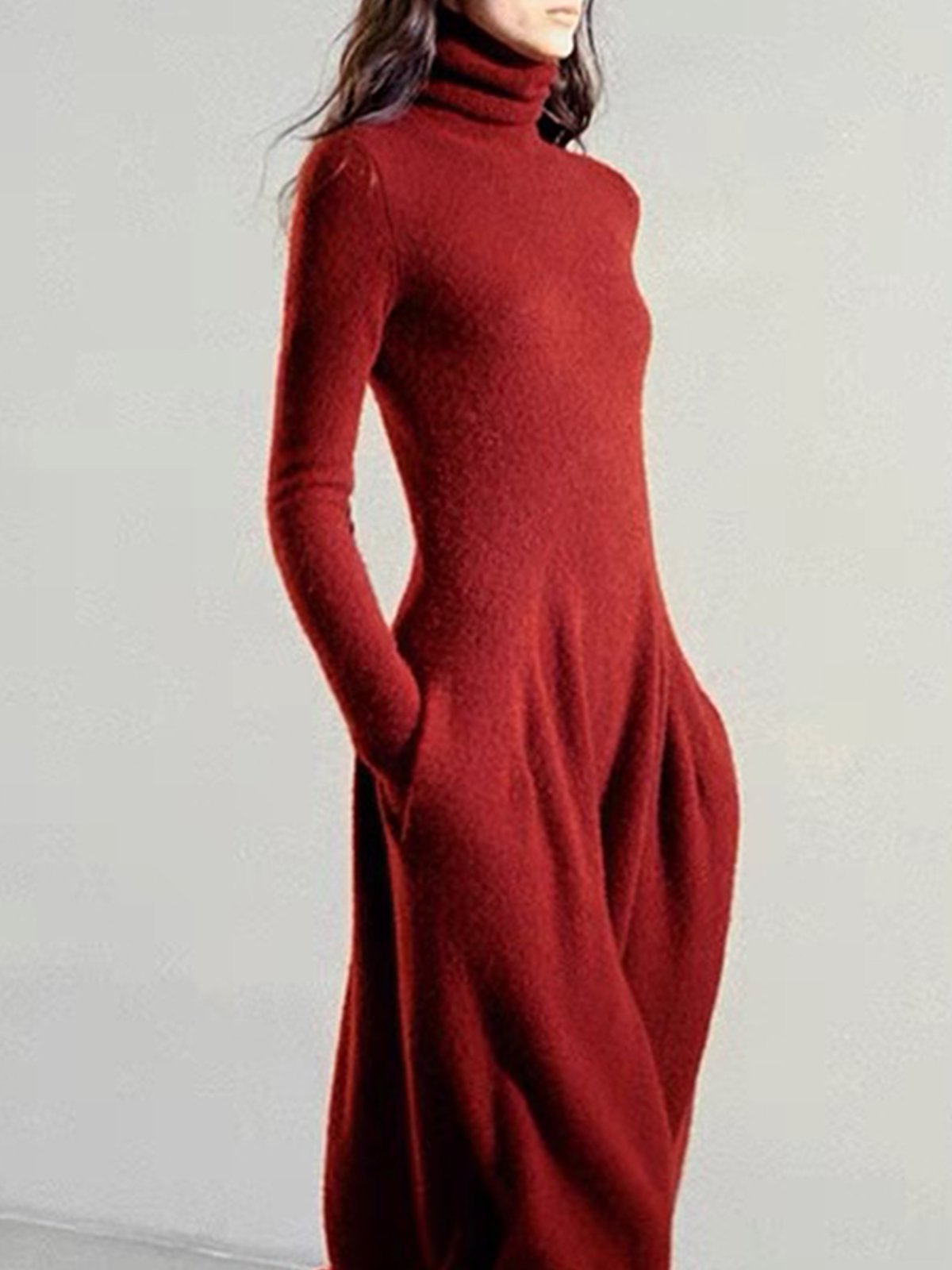 Urban Turtleneck Long Sleeve Plain Pockets Sweater  Dress