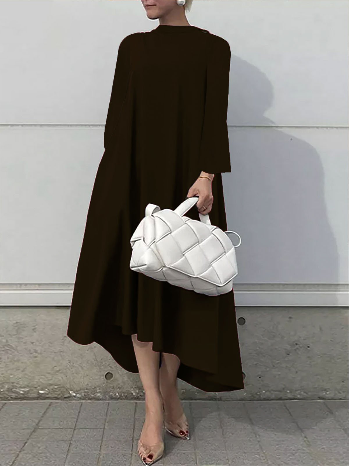 Plain Long sleeve Stand Collar Simple Regular Fit Dress