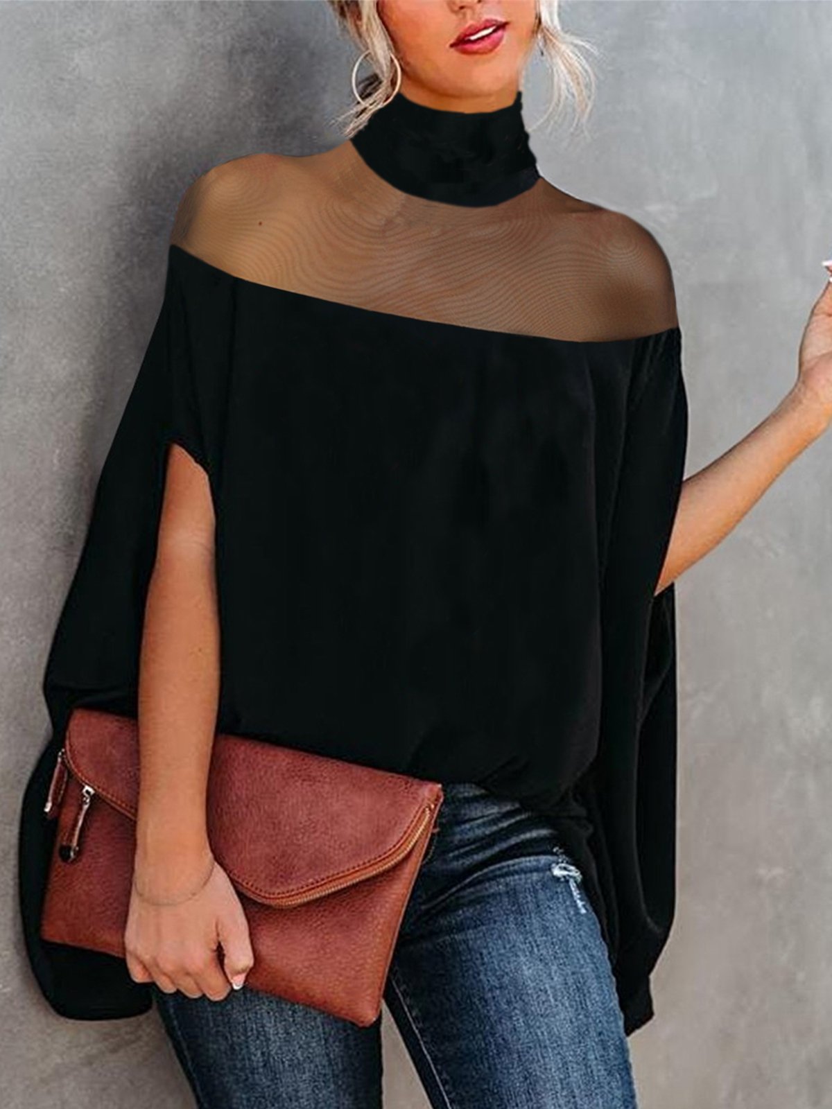 Loose Plain Turtleneck Elegant Blouse