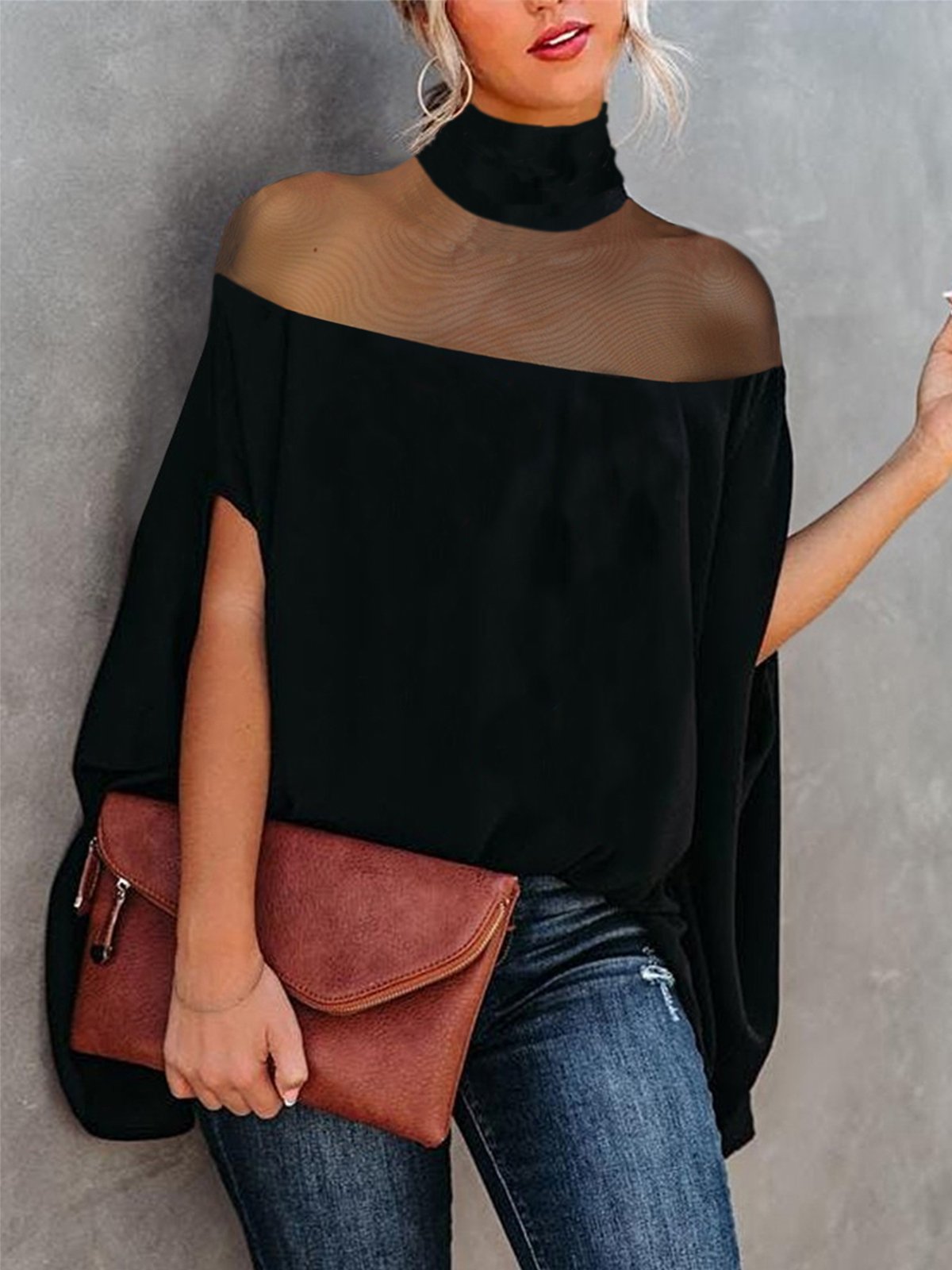 Loose Plain Turtleneck Elegant Blouse