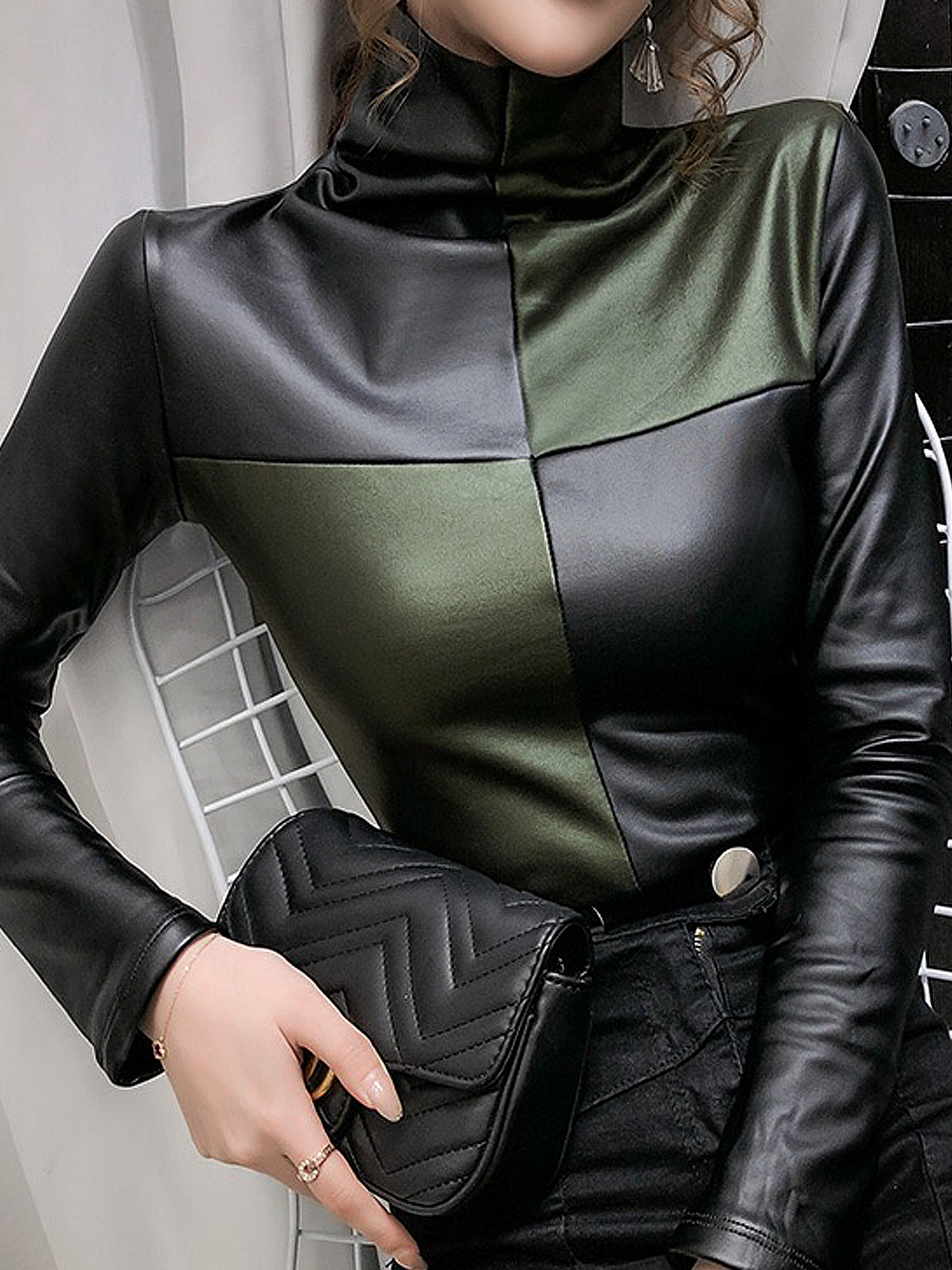 High Elasticity Tight Turtleneck Long sleeve Color Block Urban Top