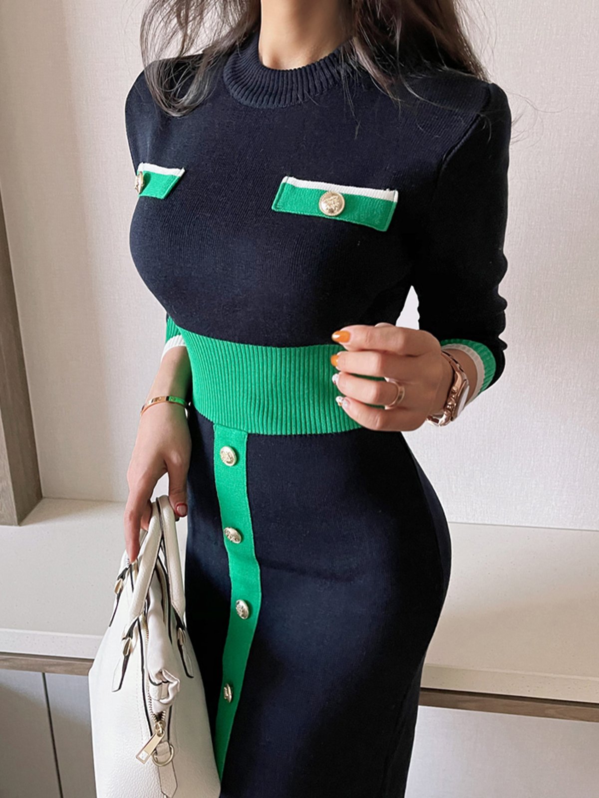 Tight Crew Neck Elegant Long sleeve Midi Dress