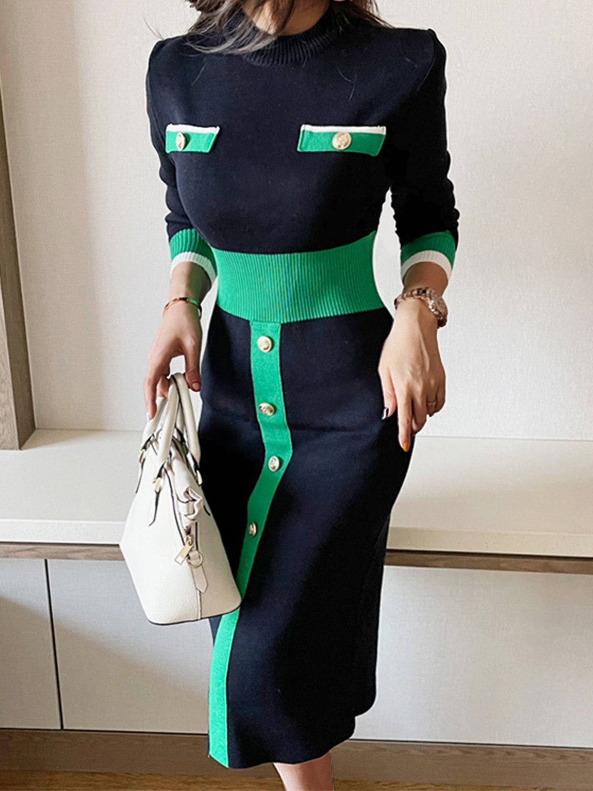 Tight Crew Neck Elegant Long sleeve Midi Dress