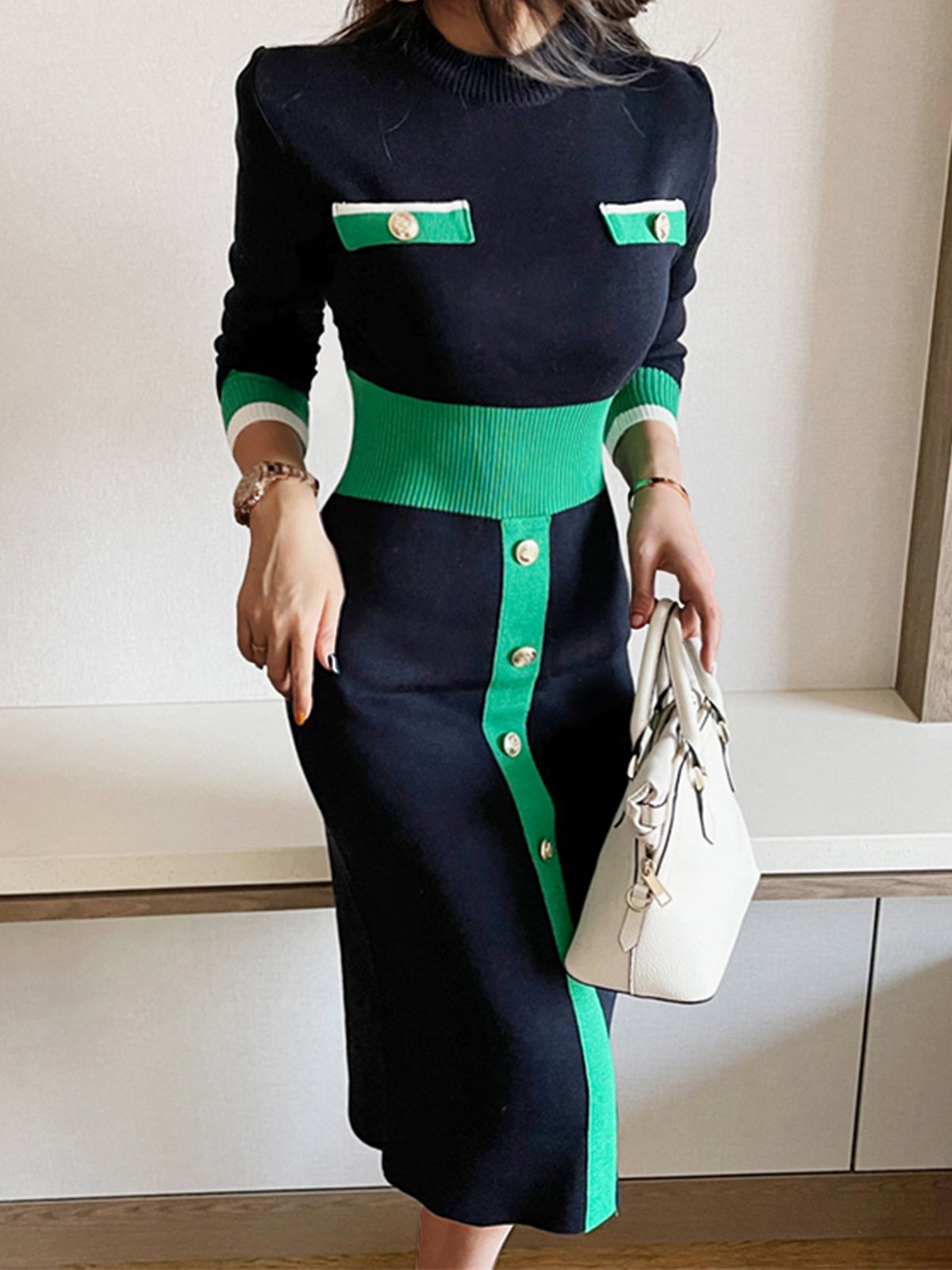 Tight Crew Neck Elegant Long sleeve Midi Dress