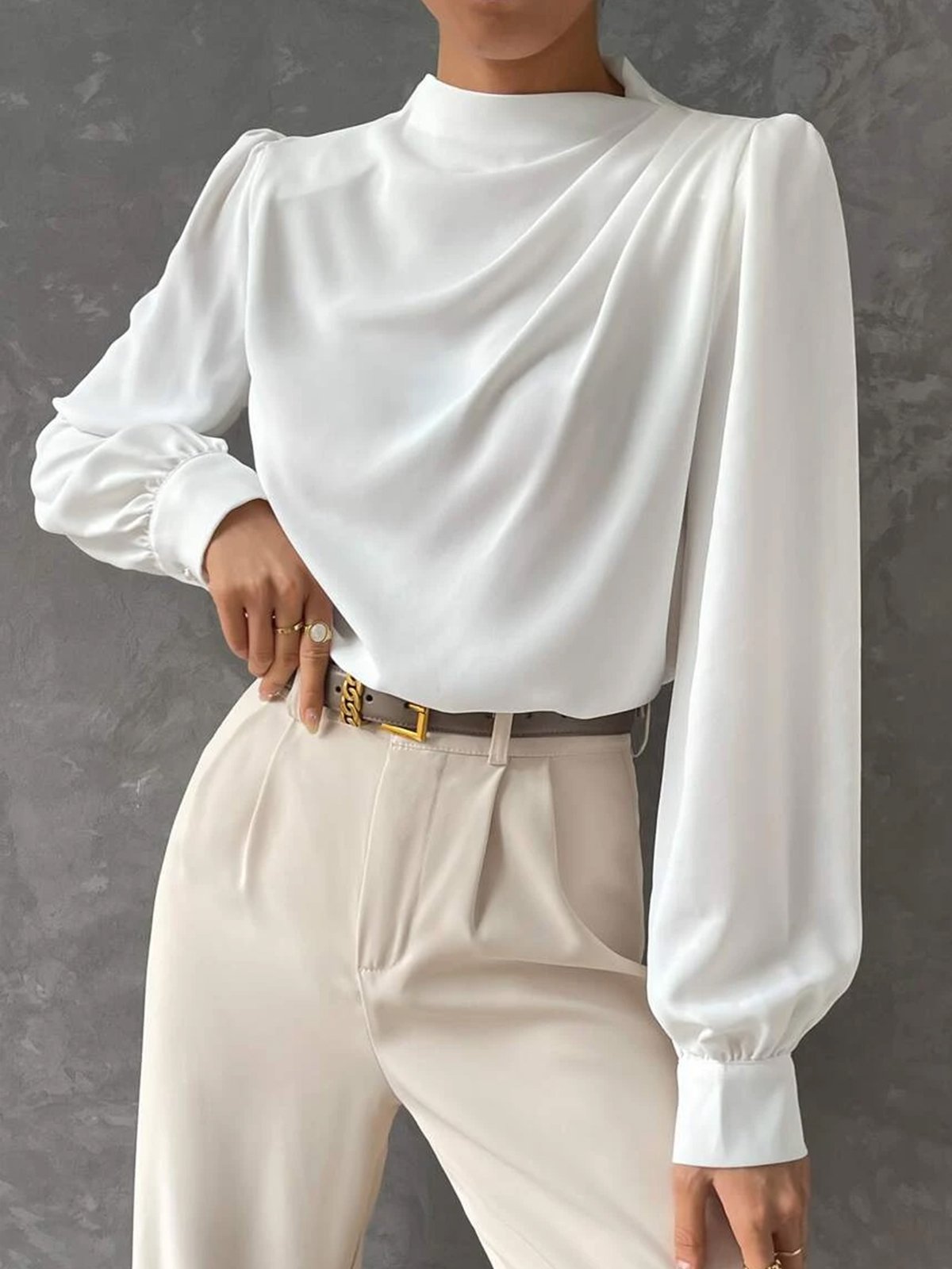 Stand Collar Elegant Plain Regular Fit Blouse