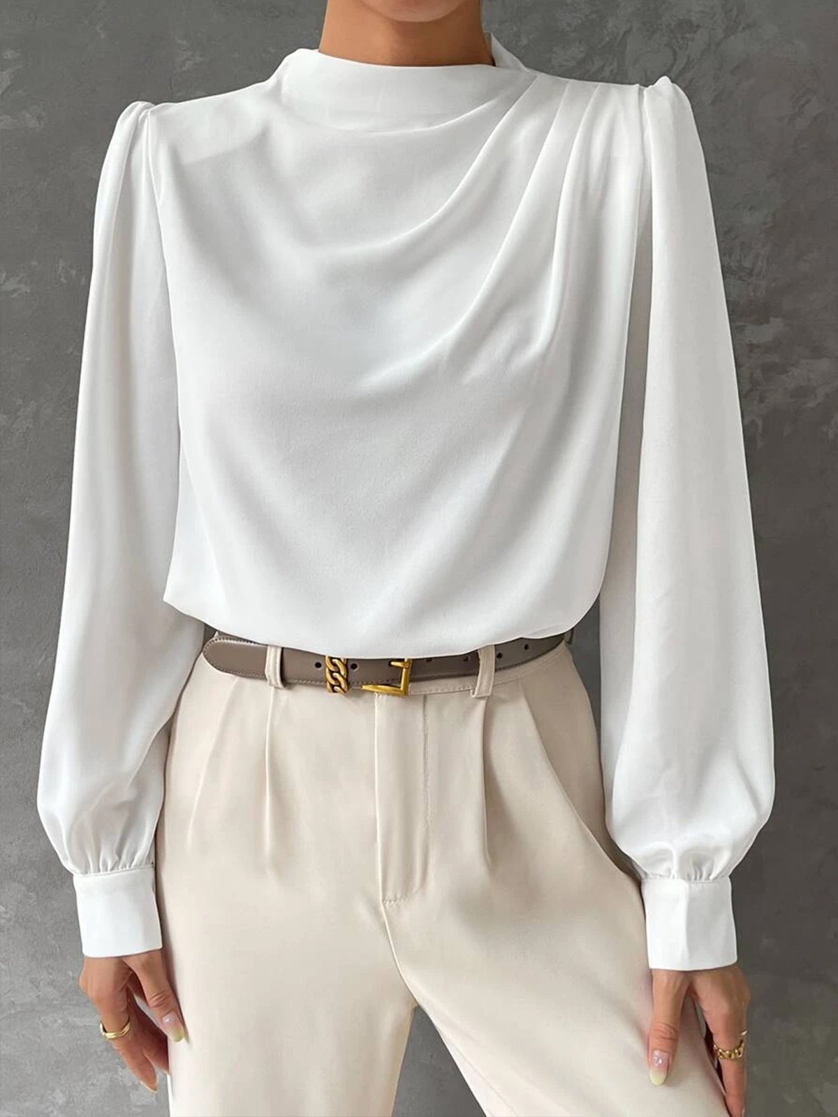 Stand Collar Elegant Plain Regular Fit Blouse