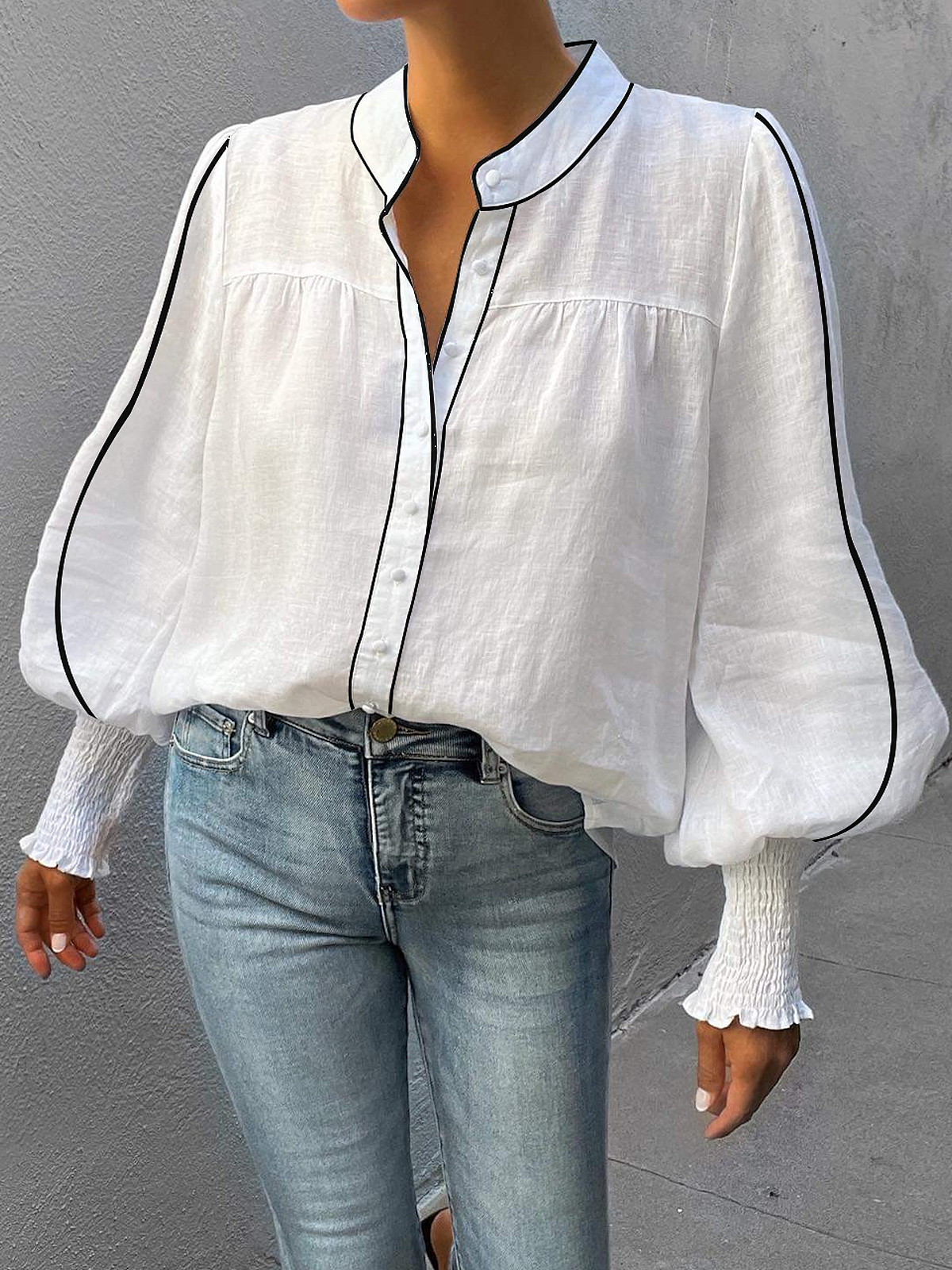Loose Urban Color Block Long sleeve Stand Collar Blouse