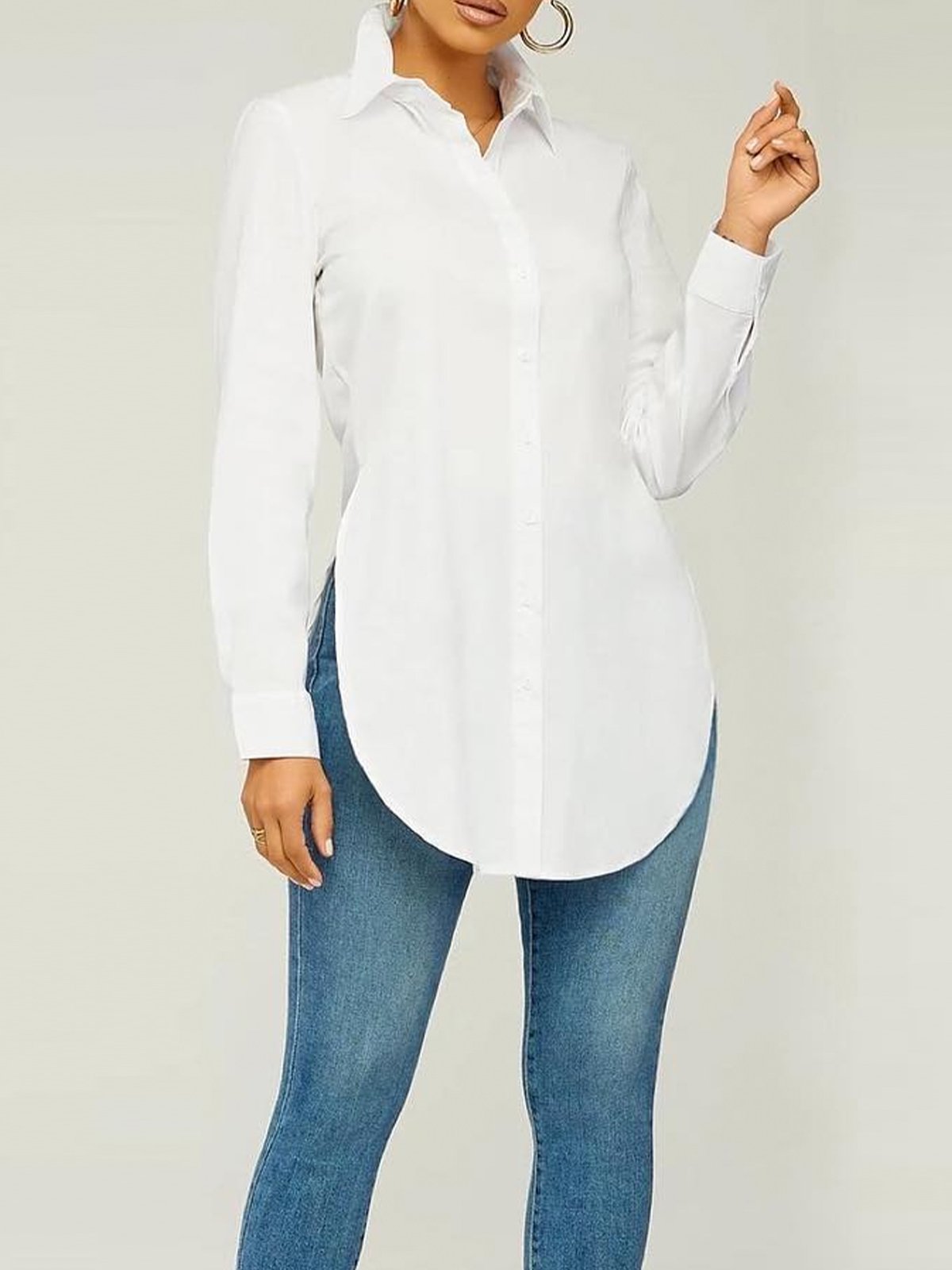 Urban Plain Regular Fit Shirt Collar Long Sleeve Blouse