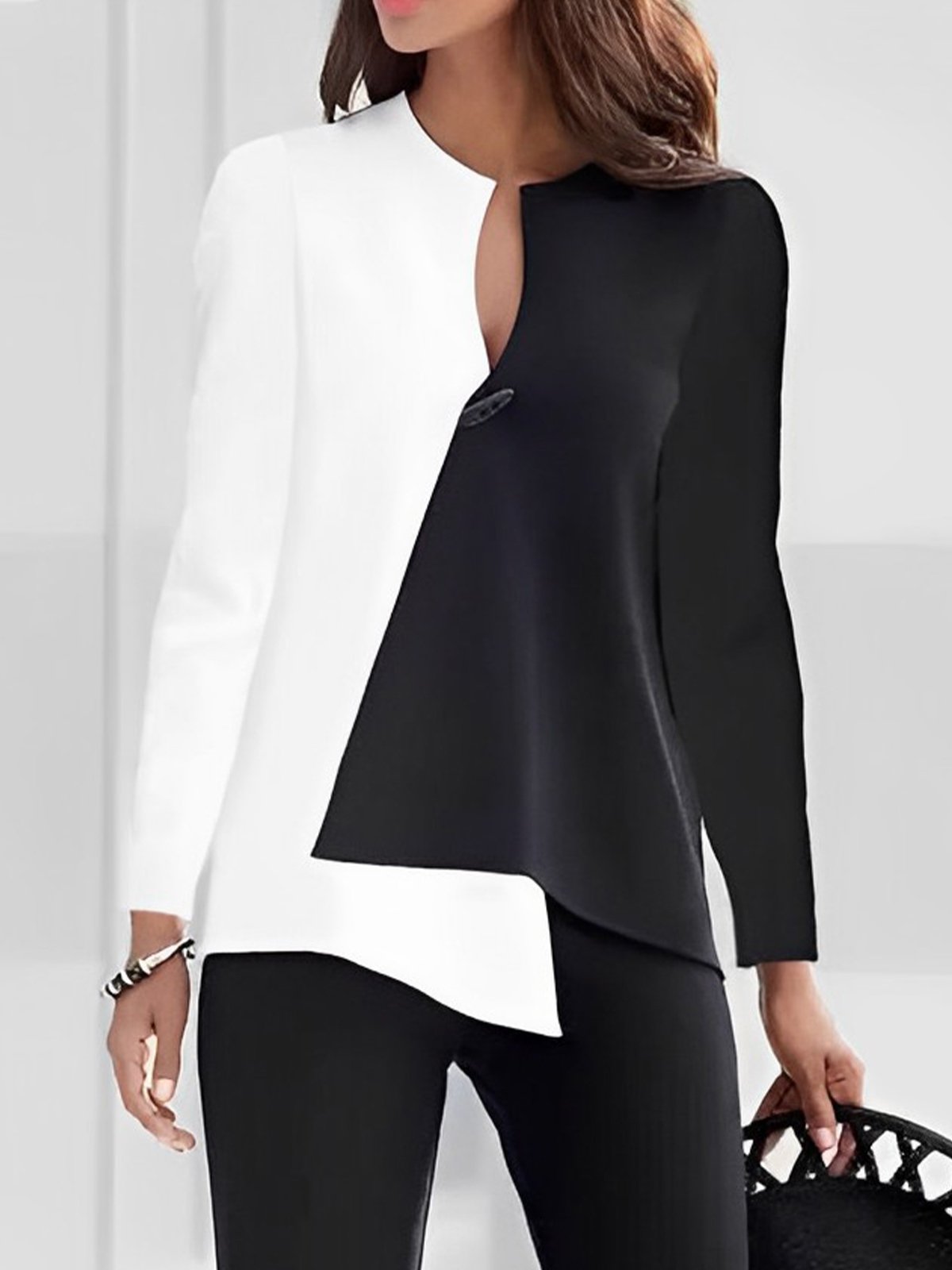 Color Block Long sleeve Simple Loose Blouse