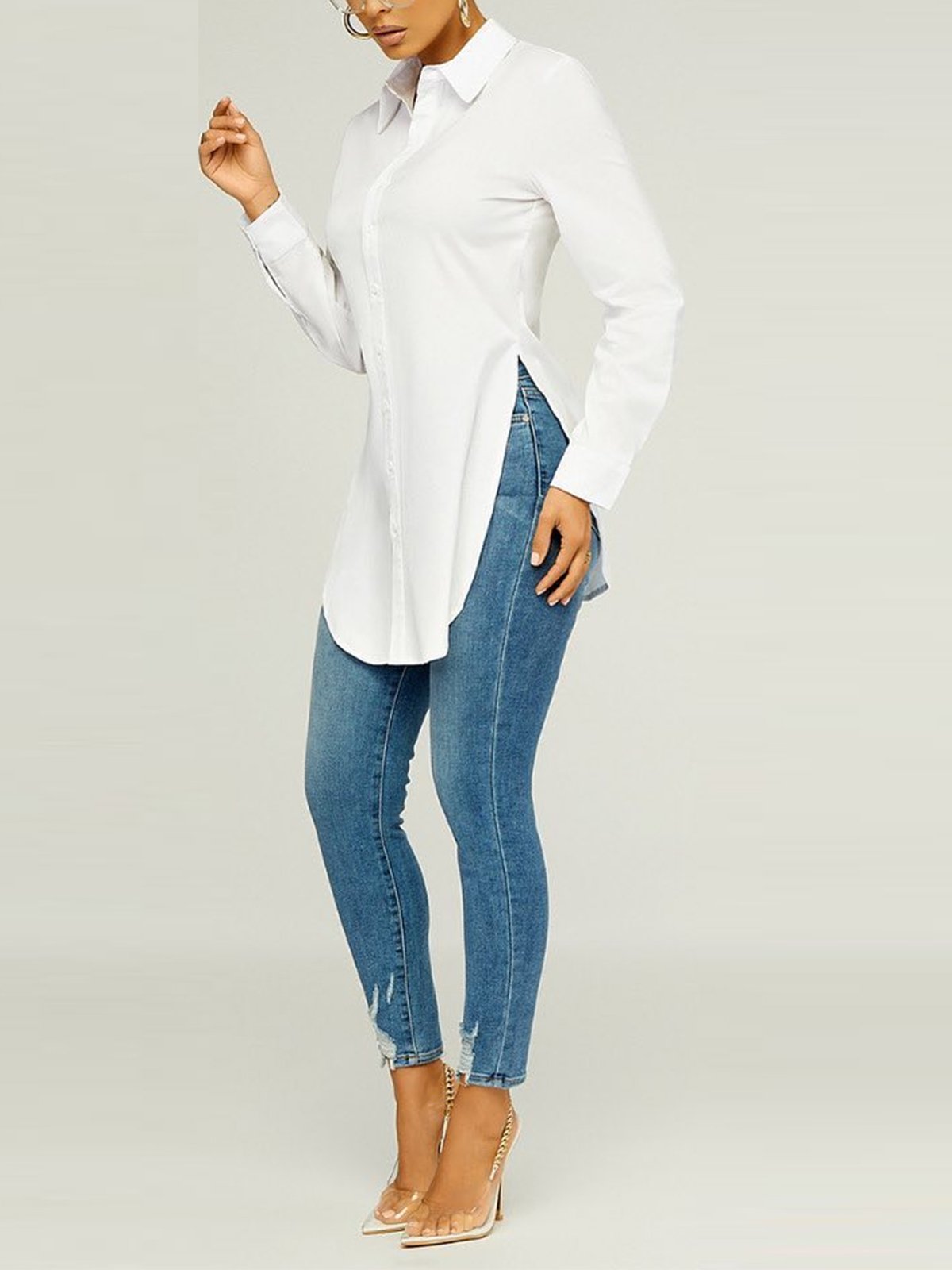 Urban Plain Regular Fit Shirt Collar Long Sleeve Blouse