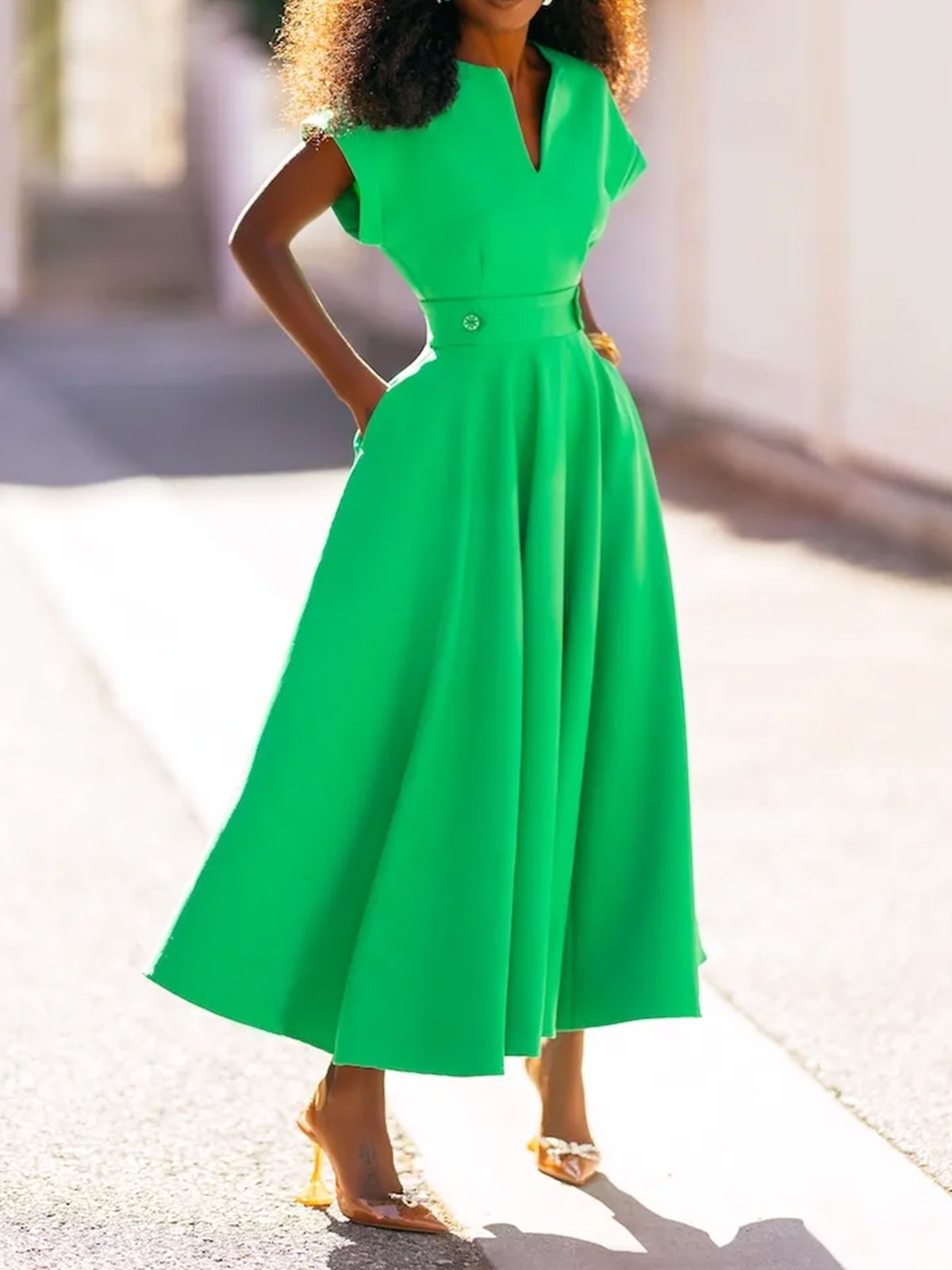 Plain Notched Vacation Regular Fit Midi Dress