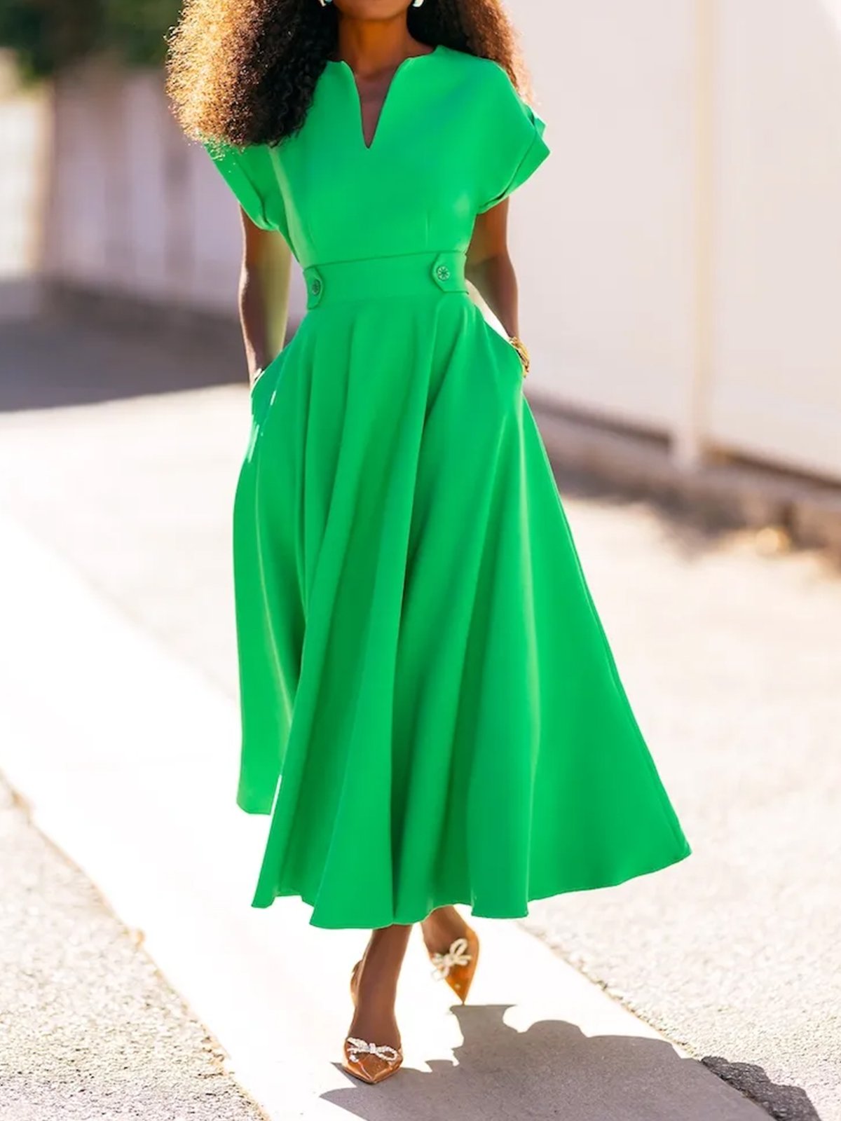 Plain Notched Vacation Regular Fit Midi Dress