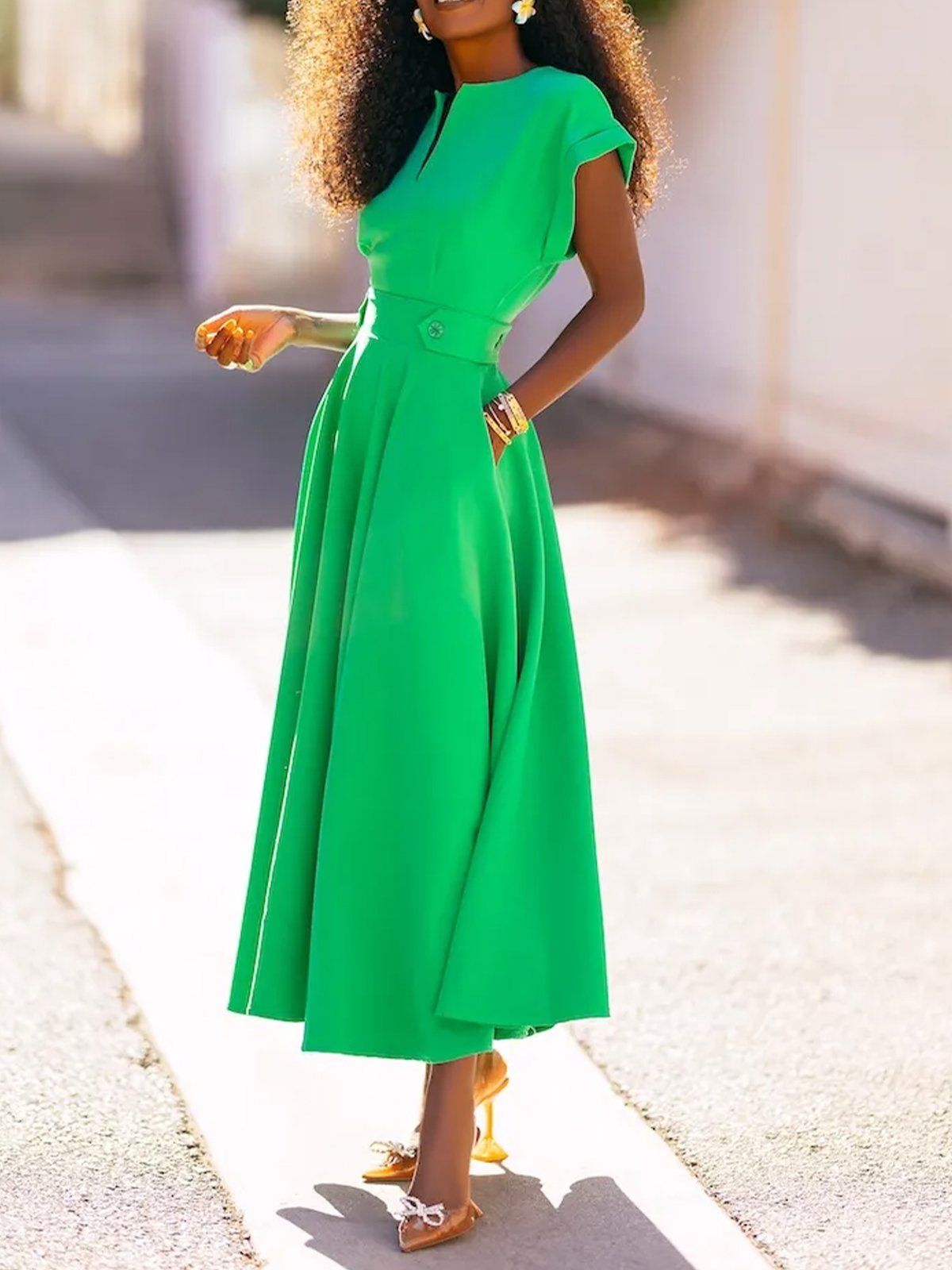 Plain Notched Vacation Regular Fit Midi Dress