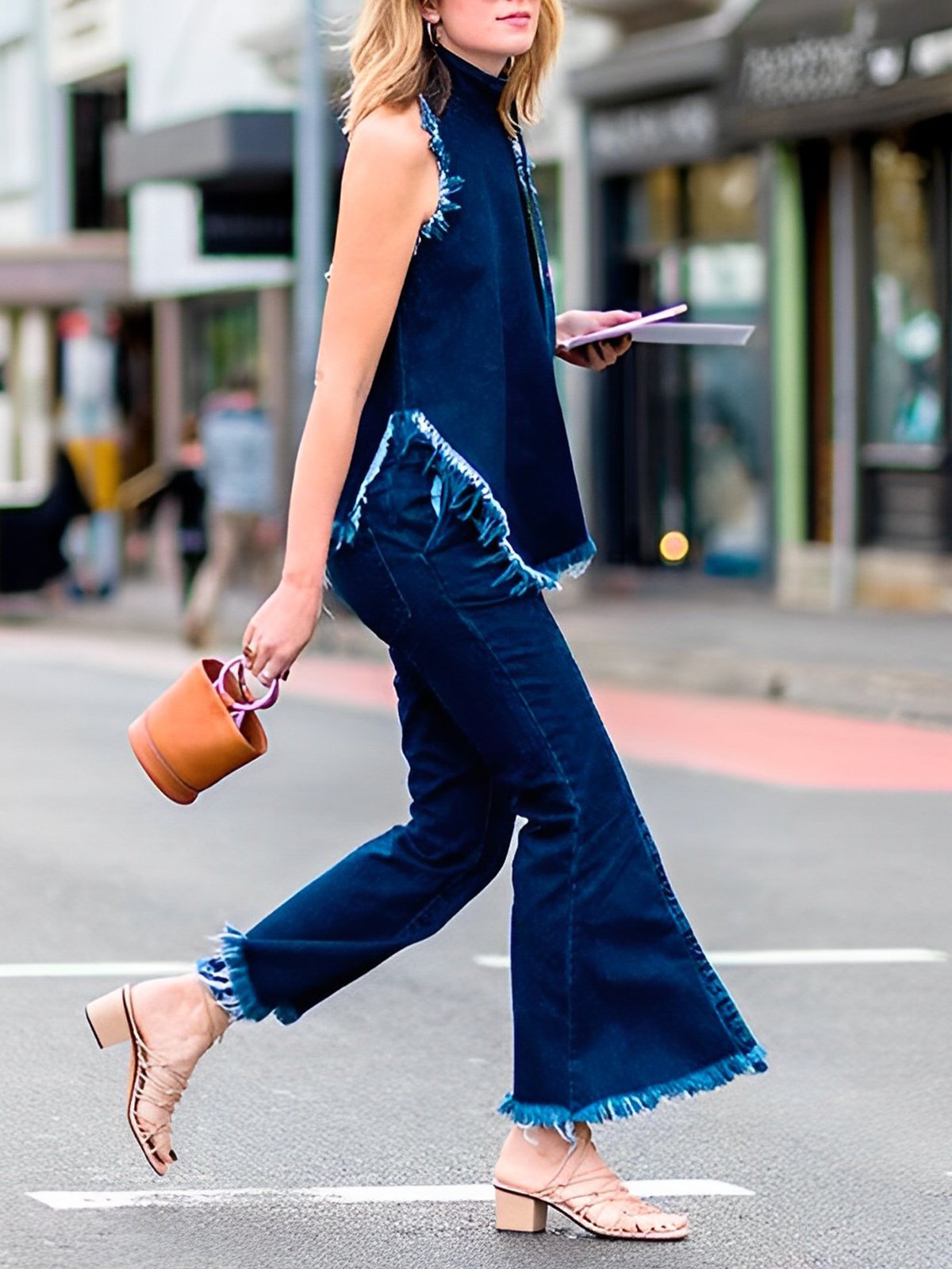 Sleeveless Stand Collar Urban Denim Top