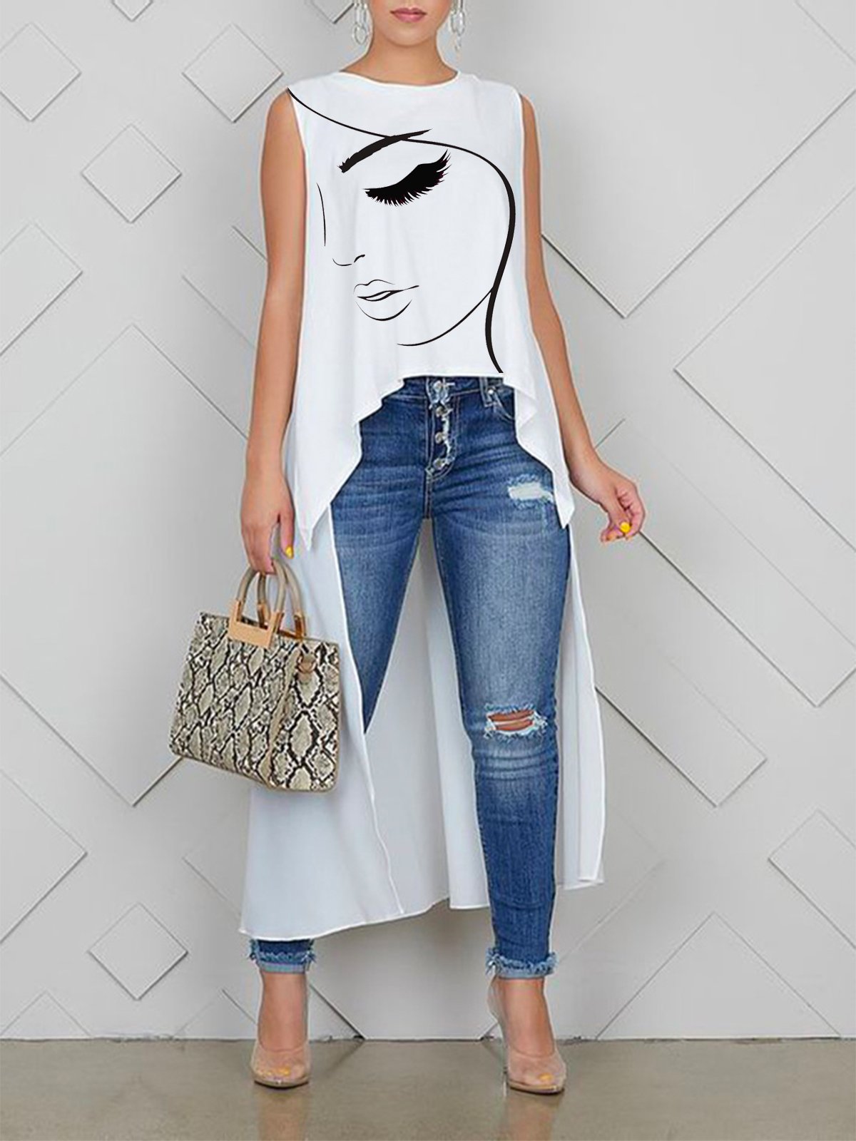 Sleeveless Crew Neck Casual Face Loose Shirt