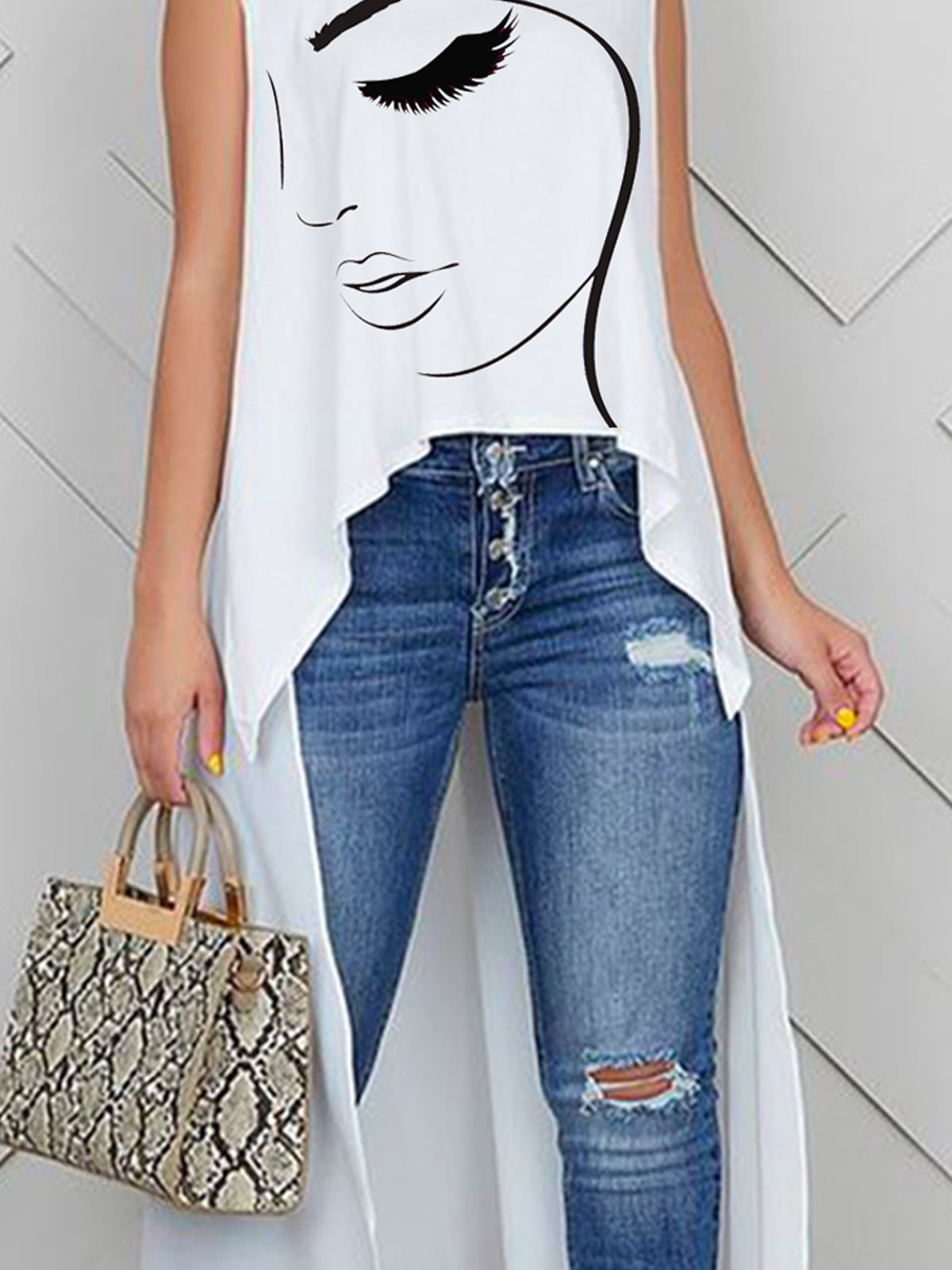 Sleeveless Crew Neck Casual Face Loose Shirt