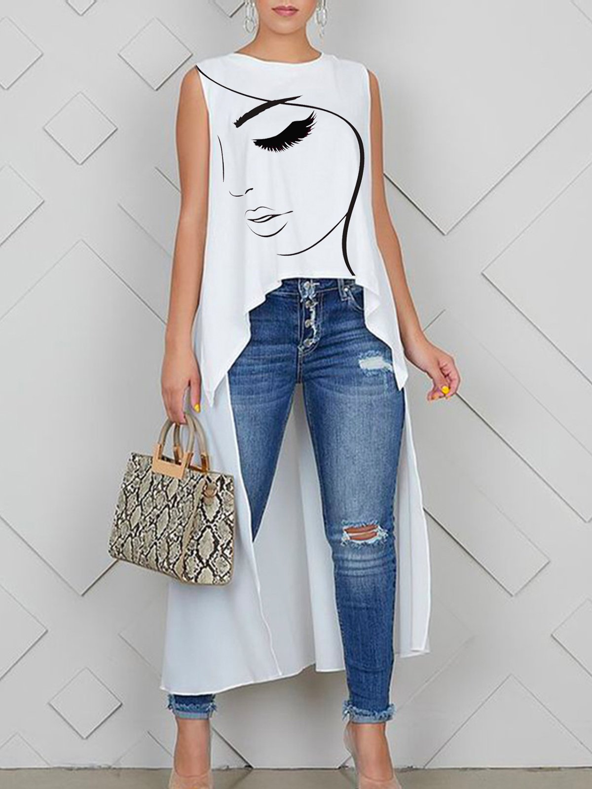 Sleeveless Crew Neck Casual Face Loose Shirt