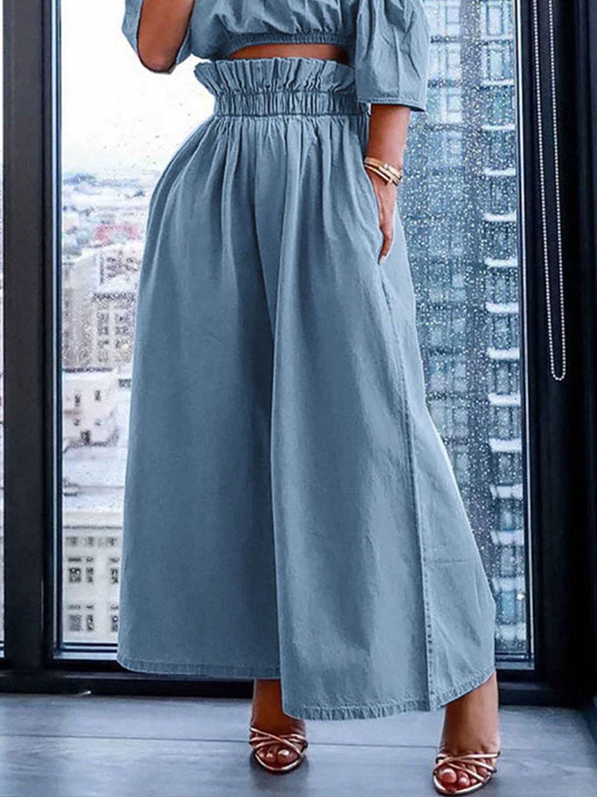 Plus Size Loose Denim Vacation Plain Pants