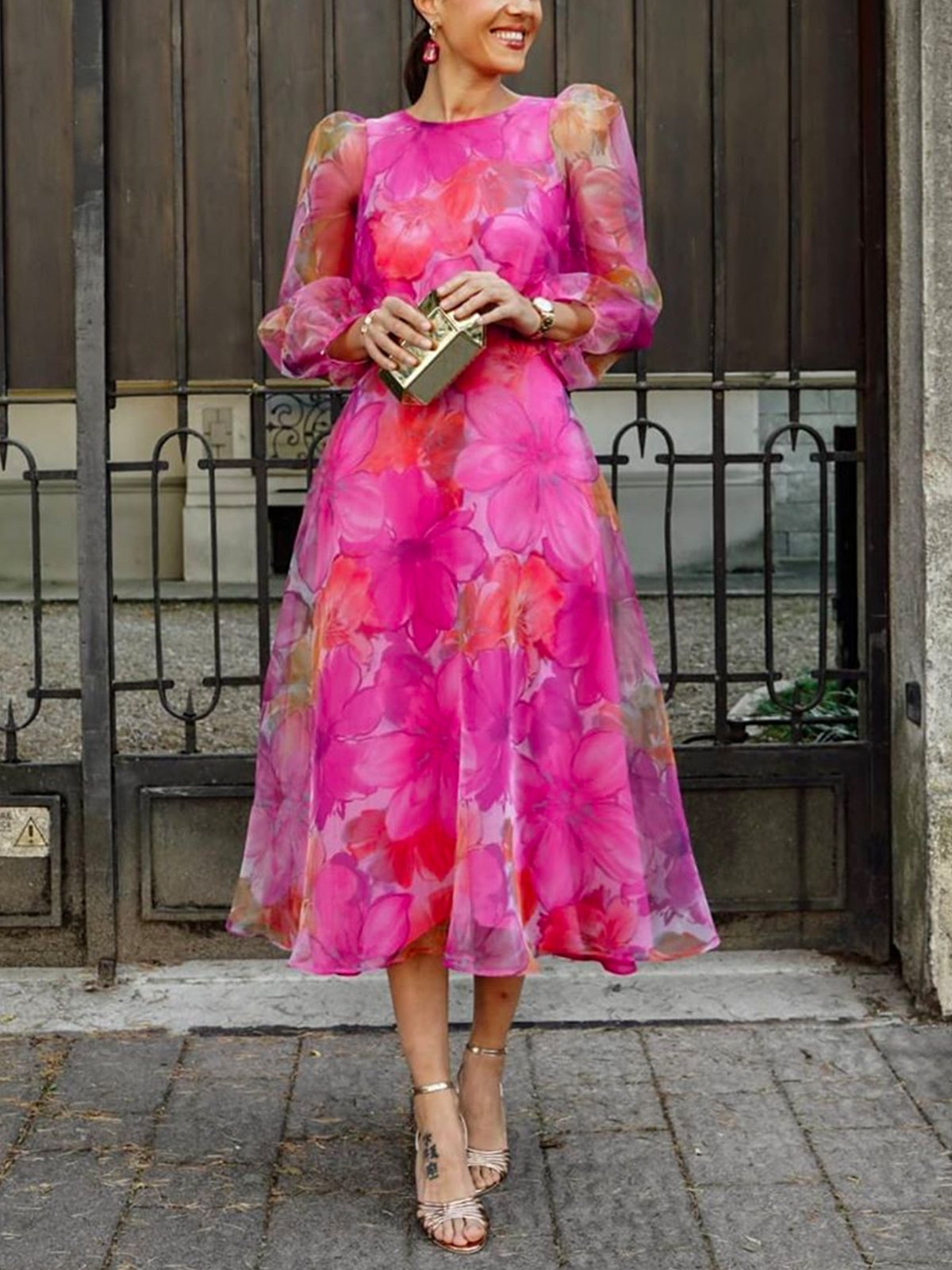 Regular Fit Floral Elegant Crew Neck Midi Dress