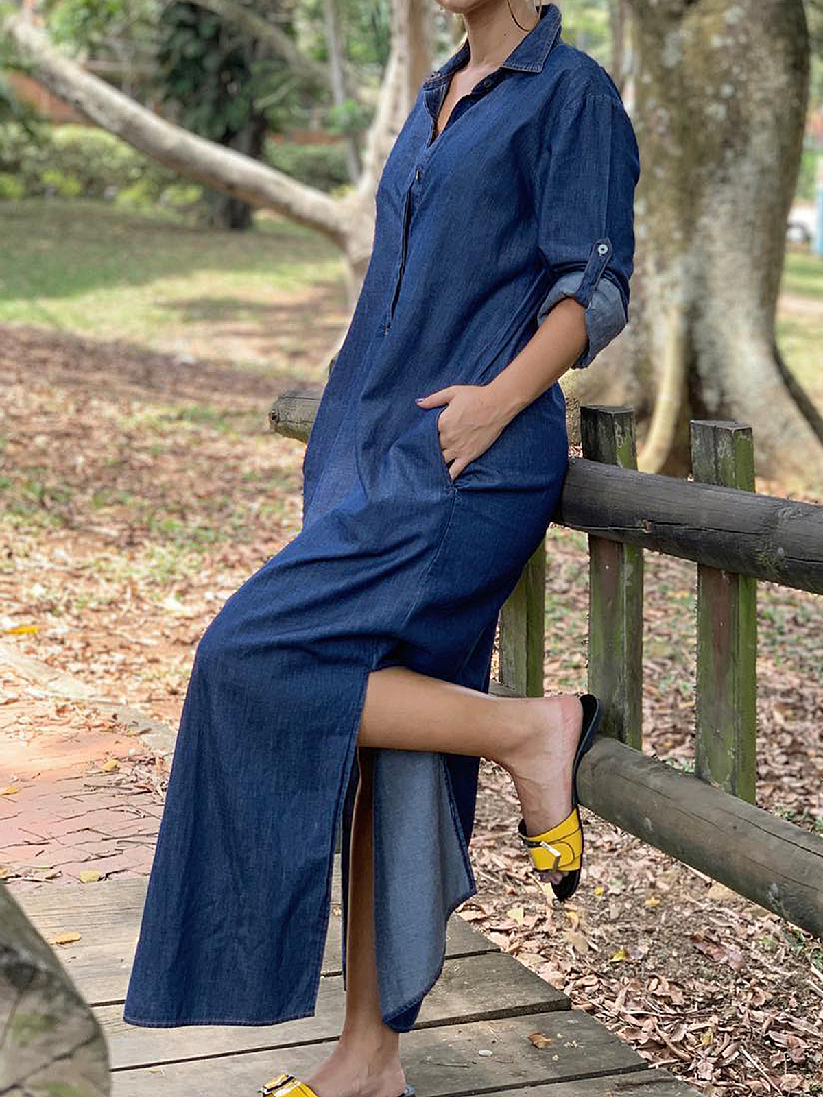 Loose Urban Plain Shirt Collar Long sleeve Denim Maxi Dress