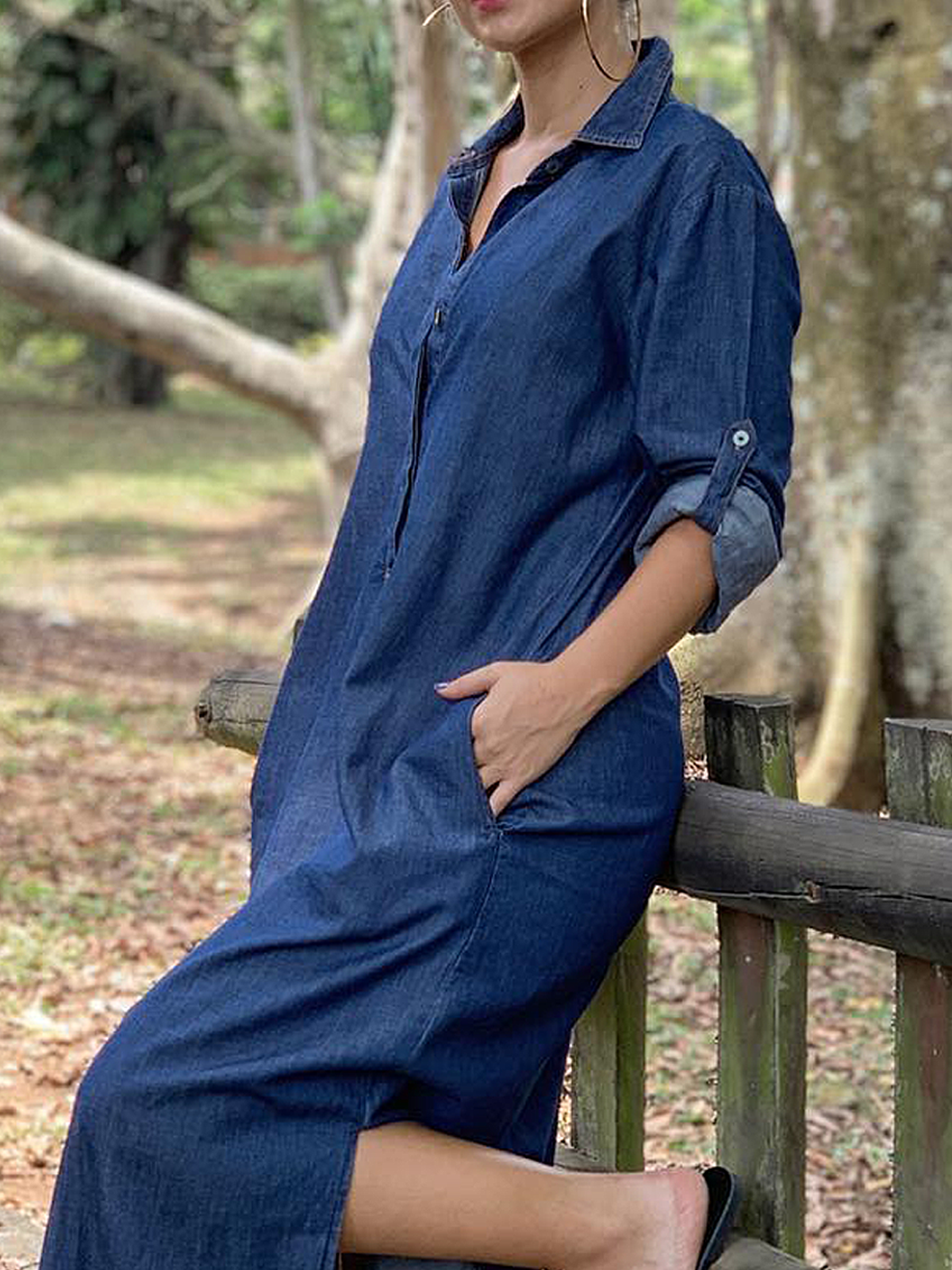 Loose Urban Plain Shirt Collar Long sleeve Denim Maxi Dress