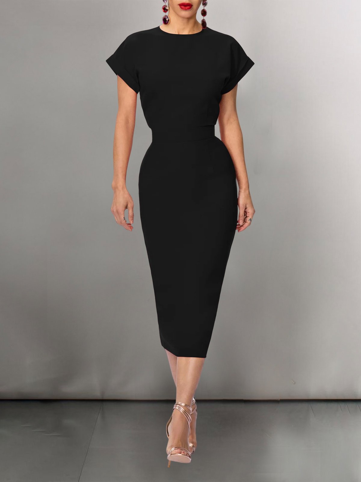 Urban Crew Neck Tight Midi Dress With No Belt