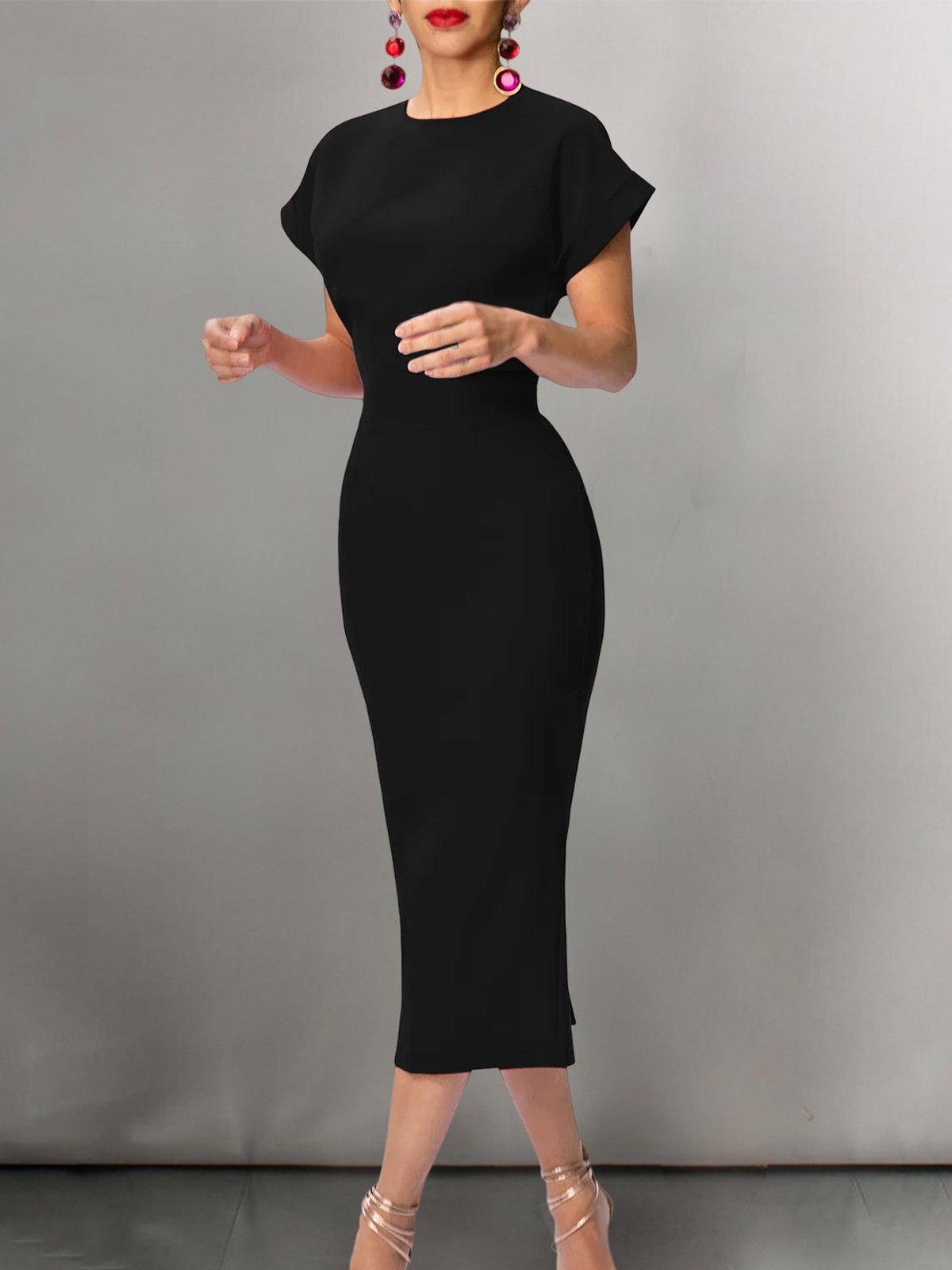 Urban Crew Neck Tight Midi Dress With No Belt